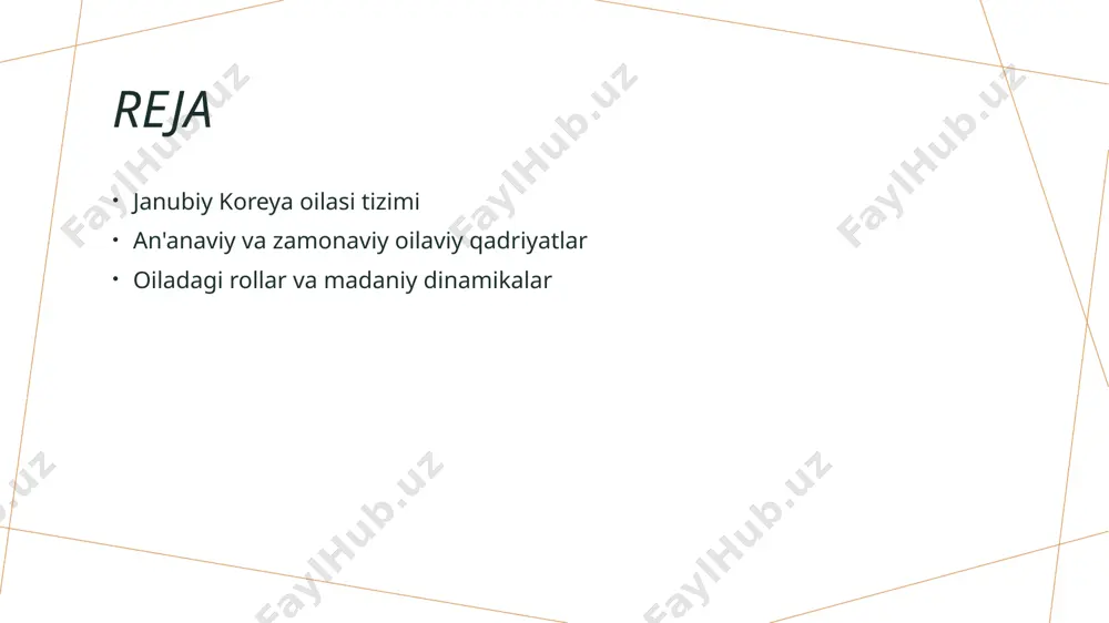 ida faol ishtirok etib, erkaklar esa uy ishlariga ko'maklashmoqda. 3 gender tengligi - janubiy koreyada gender tengligi tushunchasi kengaymoqda. oila ichida qaror qabul qilishda ham, mas'uliyatni bo'lishishda ham gender tengligi muhim ahamiyatga ega. janubiy koreya oilasidagi avlodlararo munosabatlar va ularning ahamiyati. avlodlararo aloqalar janubiy koreya oilalarida avlodlararo munosabatlar juda muhimdir. ota-onalar va bolalar o'rtasidagi o'zaro hurmat va tushuncha, oilaviy birlikni mustahkamlaydi. tarixiy kontekst tarixan, janubiy koreyada oilaviy munosabatlar patriarchal tizimga asoslangan. bu, avlodlararo aloqalarni an'anaviy qadriyatlar bilan shakllantirib kelgan. zamonaviy o'zgarishlar hozirgi kunda globalizatsiya va urbanizatsiya natijasida avlodlararo munosabatlar o'zgarib bormoqda. yangi avlodlar an'anaviy qoidalarni qayta ko'rib chiqmoqda. oila va jamiyat: janubiy koreya oilasining madaniy dinamikalari. 1 oila va ijtimoat - janubiy koreya oilasi jamiyatning asosiy tuzilmalaridan biri bo'lib, ijtimoiy normativlar, qadriyatlar va madaniy an'analar bilan bog'liq o'zaro aloqalarni belgilaydi. 2 madaniy qadriyatlar - janubiy koreyada oilaviy qadriyatlar, masalan, hurmat, sadoqat va birlik, madaniyatning markazida joylashgan bo'lib, oila a'zolari o'rtasidagi …