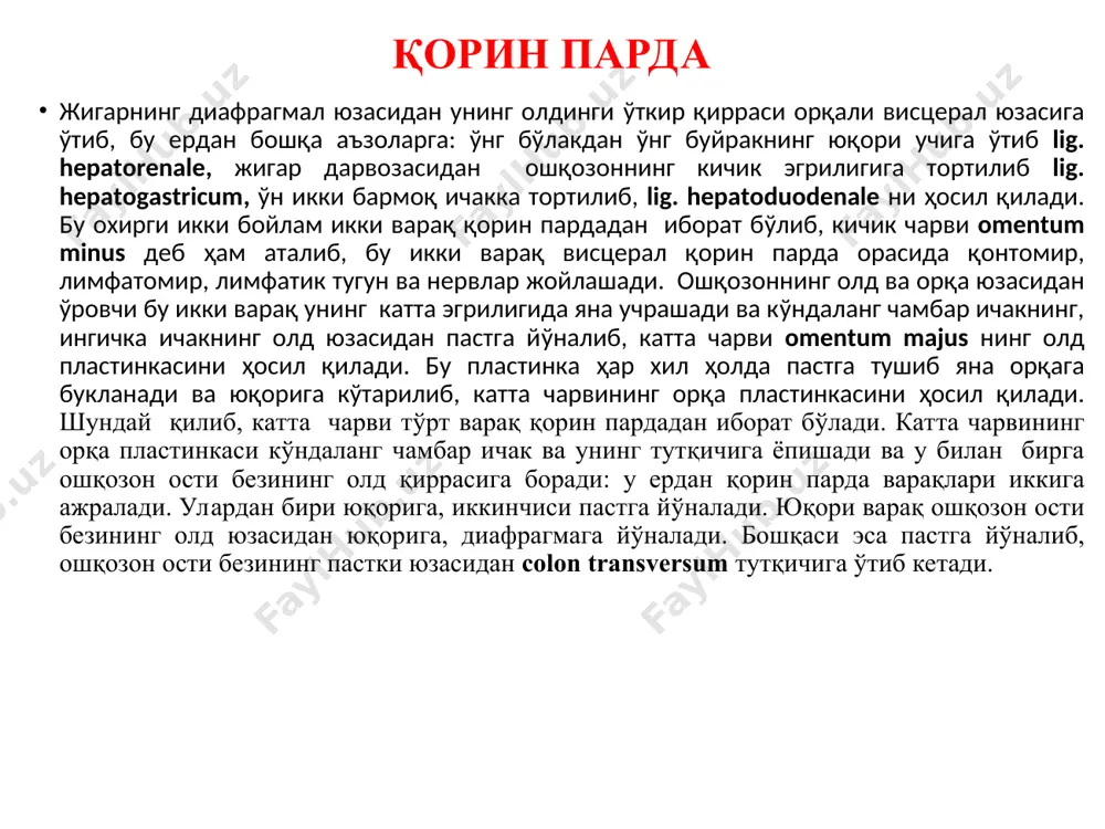бармоқ ичакнинг юқори қисми билан, орқадан пастки венани ёпиб турувчи қорин парда варағи ва ташқарироқда жигарнинг орқа қиррасидан ўнг буйракка тортилган lig. hepatorenale билан чегараланади. чарви ҳалтасининг кириш тешигига яқин, lig. hepatoduodenale нинг орқасида жойлашган қисми унинг даҳлизи, vestibulum bursae omentalis дейилади. чарви ҳалтасининг даҳлизи юқоридан жигарнинг думли бўлаги билан, пастдан ўн икки бармоқ ичак ва pancreas нинг боши билан чегараланади. қорин парда ҳалталари чарви ҳалтаси bursa omentalis чарви ҳалтасининг юқори деворини жигарнинг думли бўлагининг пастки юзаси ҳосил қилса, орқа деворини, қорин бўшлиғи орқа деворига тегиб турган аъзоларни – аорта, пастки кавак вена, ошқозон ости бези, чап буйрак ва буйрак усти безини олд томондан ёпиб турувчи париетал қорин парда ҳосил қилади. қорин парданинг ушбу варағи ошқозон ости безининг олд қиррасидан олд ва пастга давом этиб, катта чарвини орқа варағини ҳосил қилади ва ўз навбатида mesocolon transversum ёпишиб, чарви ҳалтасининг пастки деворини ҳосил қилади. чарви ҳалтасининг чап деворини талоқ бойламлари- lig. …