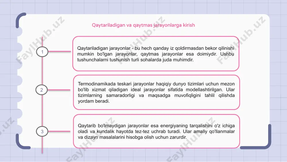 siyasidan foydalangan holda, muhandislar energiya chiqindilarini minimallashtiradigan samarali tizimlarni loyihalashlari mumkin. bu barqaror texnologiyaning rivojlanishiga va energiyani tejash bo'yicha sa'y-harakatlarning umumiy yaxshilanishiga olib keladi. 1 2 3 qaytarib bo'lmaydigan jarayonlarning haqiqiy misollari kundalik hayotimizda qaytarilmas jarayonlar tez-tez uchraydi, masalan, oziq-ovqat buzilishi yoki stakan sinishi. boshqa misollar orasida yoqilg'ining yonishi, energiyaning buzilishi va asl holatini tiklab bo'lmaydigan gazlarni aralashtirish kiradi. bu jarayonlar entropiyaning o'sishini namoyish etadi va real dunyoda qaytarish qiyin bo'lgan bir tomonlama o'zgarishlarni ifodalaydi. qaytaruvchanlikning termodinamikadagi oqibatlari termodinamikada teskari jarayonlar energiya yo'qotmasdan yo'nalishni o'zgartirishi mumkin bo'lgan ideallashtirilgan jarayonlardir. ular tizim samaradorligi va ish faoliyatini tahlil qilish uchun ishlatiladi. qaytarib bo'lmaydigan jarayonlar esa energiya yo'qotilishini o'z ichiga oladi va ularni qo'shimcha kiritishsiz qaytarib bo'lmaydi. haqiqiy dunyo tizimlari ko'pincha qaytarilmas xatti-harakatlarni namoyon qiladi, bu umumiy samaradorlikka ta'sir qiladi. termodinamikada teskarilikning ta'sirini tushunish muhandislar va olimlarga energiya yo'qotishlarini minimallashtirish va umumiy samaradorlikni oshirish orqali yanada samarali tizimlarni loyihalashda yordam beradi. e'tiboringiz uchun …