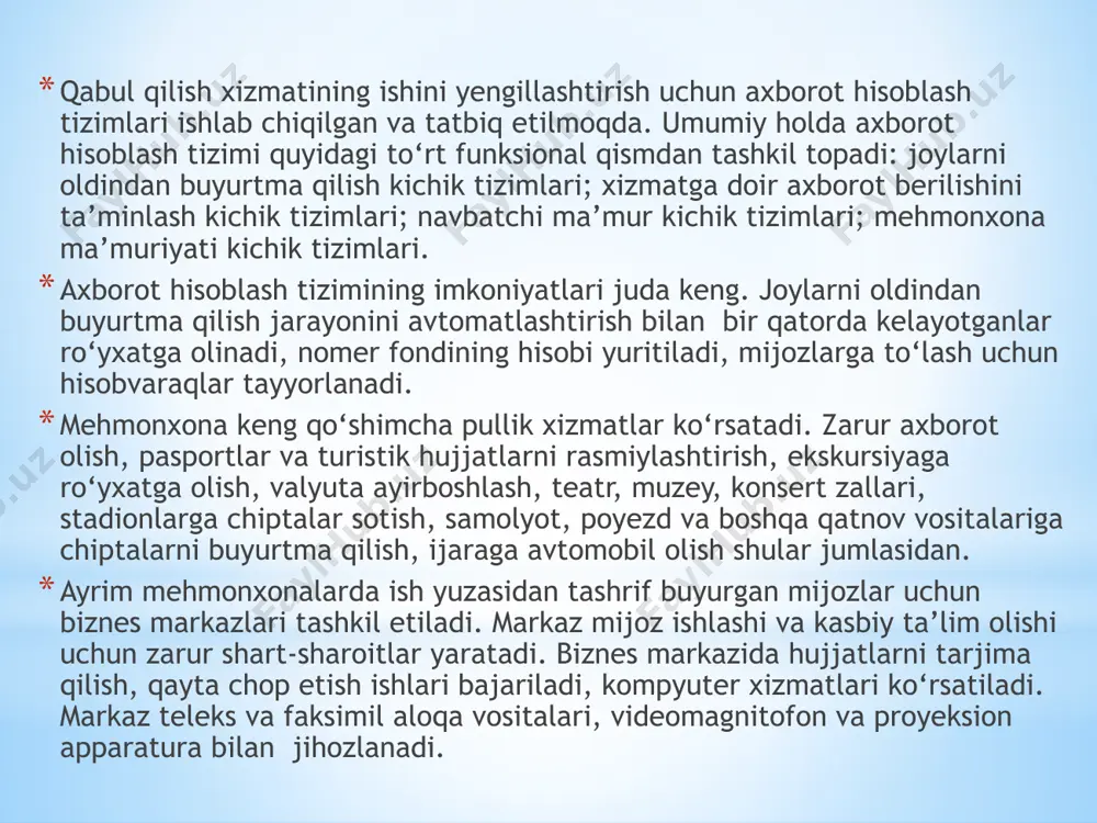 lari mehmonxona – bu uzluksiz xizmat ko‘rsatuvchi tashkilot bo‘lganligi sababli unga yuqori darajali sanitariya-gigiyenik talablar qo‘yilgan. mehmonxona qaysi kategoriyaga tegishli bo‘lishidan qatiy nazar hamma vaqt toza saqlanishi (unga tegishli territoriya ham) zarur. bu mehmonona xodimlaridan territoriyani, nomerlarni, ma’muriy-xo‘jalik inshootlarini toza tutshida har kunli katta tozalik ishlarini olib borishni talab etadi. shuning uchun mehmonxona xo‘jaligida tozalikni ta’minlash maqsadida tozalik va obodonlashtirish ishlarini qanday tashkil etish, o‘tkazish kerakligini bilish muhimdir. barcha sanitariya- epidemiologiya me’yorlariga rioya qilgan holda yuqori darajali tez tozalash amalga oshirish uchun mehmonxonada: yuqori malakali professional tayyorgarlikka ega xodimlar; zamonaviy tozalash materiallari va invetarlar; zamonaviy tozalash mashina va mexanizmlariga ega bo‘lishi kerak. tozalash ishlarini olib borish jarayonida vaqtni to‘g‘ri taqsimlash juda muhimdir. bu yerda tez va xizmat ko‘rsatuvchi xodimlar tomonidan ko‘p kuch sarflanib bajarilishi shart. tozalash ishlarini olib borish jarayonida bir nechta muhim prinsiplar mavjud: qavat xodimi mehmonning “ko‘ziga kamroq ko‘rinishi”; tozalash invertantlari va asboblari umumiy foydalanish joylariga qoldirilmasligi; tozalash …