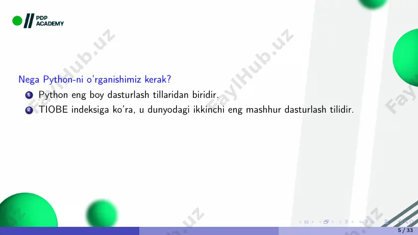 chalik, siz yuklab olgan binar faylni o’ratishingiz kerak bo’ladi. yuklab olingan binar faylni ishga tushiring. u sizga ikkita variantni ko’rsatadi. 1 pip windows-ni o’rnatish – bu standart variant. shuningdek, u idle (integrated development environment), pip va rasmiy hujjatlarni o’z ichiga oladi. bundan tashqari, yorliqlarni yaratadi. 2 python o’rnatishni moslashtirish (customize) – ushbu parametr sizga kerakli xususiyatlarni tanlash imkonini beradi. 20 / 33 o’rnatish usulini tanlash 21 / 33 python o’rnatishni moslashtirish (customize) 22 / 33 python-ni o’rnatishda qo’shimcha imkoniyatlari (advanced options) 23 / 33 python-ni o’rnatish jarayoni 24 / 33 python dasturini buyruqlar satrida ishga tushurish buyruqlar satrida ishlash uchun buyruqlar satrini ishga tushuramiz. buning uchun window+r tugmasini bosamiz va natijada payda bo’lgan oyananing yozish maydoniga cmd kiritamiz. hamda, ok tugmasini bosamiz. 25 / 33 buyruqlar satrida ishlash (working on command line) 1 satrga python buyrug’ini kiritish 2 5+8 buyrug’ini kiritish *izoh. agar ’python’ is not recognized as an internal …