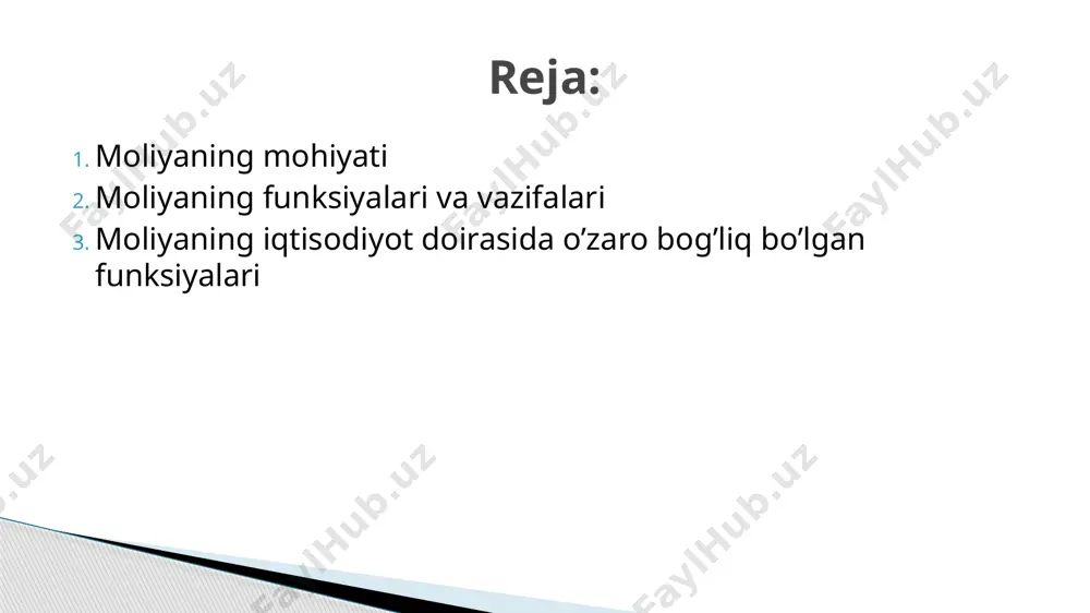 eradi. pul sektori pul va pulga tenglashtirilgan aktivlarning harakati boʻlib, buning natijasida pul fondlari vujudga keladi. maqsadli pul fondlari — bu moliya resurslari yoki moliya obʼyektidir. moliya subʼyekti shu fondlarni yaratish, taqsimlash va ishlatishda ishtirok etuvchilar, yaʼni korxonalar (firmalar), turli xoʻjaliklar, xonadonlar, nodavlat jamoat tashkilotlari va davlat idoralaridan iborat. moliya daromad hosil qilish va uni sarflashni anglatadi. moliyaning mohiyati daromadlar ilk bor, yaʼni birlamchi taqsimlanganda korxona, davlat va xonadon moliyasi yuzaga keladi. bu oʻrinda birlamchi daromadlar hosil boʻladi, korxona moliya fondlarini tashkil etadi, ishlovchilar ish haqi oladi va bu xonadon daromadini hosil etadi, korxonalar byudjetga soliq toʻlaydilar va bu davlat daromadini yuzaga keltiradi. daromadlar ikkilamchi taqsimlanganda byudjetdan trans-fertlar (toʻlovlar) va turli maxsus fondlar ajratiladi. daromadlar kayta taqsimlanganda turli nodavlat va jamoat tashkilotlari korxonalardan, aholidan va byudjetdan pul olib, oʻzining maxsus fondlarini hosil etadi. moliya pul munosabatlari sifatida iqtisodiyotda muhim vazifalarini bajaradi: moliyaning mohiyati moliyaning funksiyalari va vazifalari moliyaning asosiy funksiyalari …