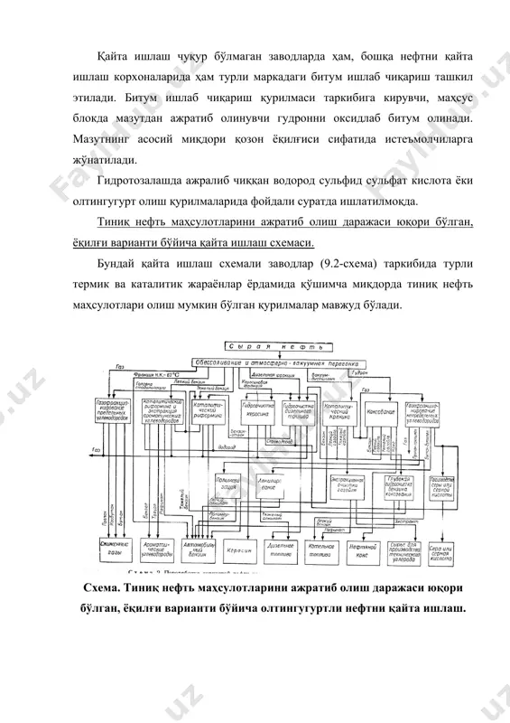 юқори сифатли бензин олиш учун қўлланилади. нефтни ёқилғи-мой варианти бўйича қайта ишлаш схемаси. авт қурилмаларида ушбу схема (9.3-схема) бўйича тиниқ дистиллатлар (бензин, керосин, дизель) билан бирга бир қанча вакуум-дистиллатлар ва гудрон олинади. сўнг ҳар бир дистиллат погони қуйидаги жараёнларни ўтади: а) смоласимон – асфальтен компонентлардан селектив тозалаш; б) депарафинизация; в) оқартирувчи тупроқлар билан охиригача тозалаш ёки гидротозалаш жараёнини қўллаш билан охиригача тозалаш. гудронни пропан ёрдамида аввало асфальт моддалар ажратиб олинади. олинган деасфальтизатга дистиллат фракциялардаги каби, ўша схема бўйича ишлов берилади (селектив тозалаш, депарафинизация, контактли ёки гидротозалаш). дистиллатли ва қолдиқ компонентлар қўшимча тозалангандан сўнг компаундлашга жўнатилади. компонентлар нисбатини ўзгартириб ва турли присадкалар киритиш билан керакли сортли мойлар олинади. мой ишлаб чиқаришнинг бошқа схемалари ҳам мавжуддир. жуфт эритувчилар (дуосол-жараён) билан тозалашда бир қурилмада мойларни деасфальтизацияси ва танлаб тозалаш жараёнлари қўшиб олиб борилади. мой ишлаб чиқариш ёнаки маҳсулотлари қуйидагича ишлатилади. асфальтлар ва экстрактлар битум ишлаб чиқариш учун хом ашё сифатида қўлланилади ёки қозон …
