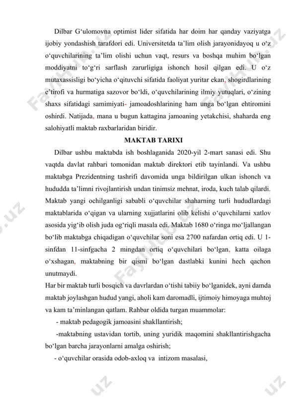 lomovna optimist lider sifatida har doim har qanday vaziyatga ijobiy yondashish tarafdori edi. universitetda ta’lim olish jarayonidayoq u o‘z o‘quvchilarining ta’lim olishi uchun vaqt, resurs va boshqa muhim bo‘lgan moddiyatni to‘g‘ri sarflash zarurligiga ishonch hosil qilgan edi. u o‘z mutaxassisligi bo‘yicha o‘qituvchi sifatida faoliyat yuritar ekan, shogirdlarining e’tirofi va hurmatiga sazovor bo‘ldi, o‘quvchilarining ilmiy yutuqlari, o‘zining shaxs sifatidagi samimiyati- jamoadoshlarining ham unga bo‘lgan ehtiromini oshirdi. natijada, mana u bugun kattagina jamoaning yetakchisi, shaharda eng salohiyatli maktab raxbarlaridan biridir. maktab tarixi dilbar ushbu maktabda ish boshlaganida 2020-yil 2-mart sanasi edi. shu vaqtda davlat rahbari tomonidan maktab direktori etib tayinlandi. va ushbu maktabga prezidentning tashrifi davomida unga bildirilgan ulkan ishonch va hududda ta’limni rivojlantirish undan tinimsiz mehnat, iroda, kuch talab qilardi. maktab yangi ochilganligi sababli o‘quvchilar shaharning turli hududlardagi maktablarida o‘qigan va ularning xujjatlarini olib kelishi o‘quvchilarni xatlov asosida yig‘ib olish juda og‘riqli masala edi. maktab 1680 o‘ringa mo‘ljallangan bo‘lib maktabga chiqadigan …