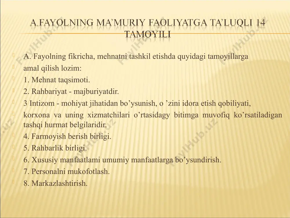 saqlab qolish -sarmoyani ko’paytirish -dividend olish -qaror qabul qilish imkoniyati -mustaqillik -e’tirof personal (yollanma ishchilar) -ishonchli ish o’rni -yuqori ish haqi -yaxshi mehnat sharoitlari -ijtimoiy xizmatlar -korxona faoliyatida ishtirok etish -o’z qobilyatini namoyon etish kredit beruvchilar -yuqori foizlar -sarmoya xizmatlari -kafolatlar -ta’sir -axborot mijozlar -keng takliflar -arzon narx -yuksak sifat - manfaatli shartlar tovar yetkazib beruvchilar -mo’may daromad -kam xarajat -yaxshi munosabat -munosabatlarning davomiyligi -shartnomaga sodiqlik jamoatchilik -maqsadga erishishga ko’maklashish -salomatlik -farovonlik -turmush darajasi -axbborot -atrof-muhit muhofazasi personalni boshqarish jarayonidagi asosiy ishtirokchilar maxsus (ishlab chiqarish, moliya va hokazo) menejment umumiy menejment personal logistika moliya ishlab chiqarish mahsulotni sotish rejalashtirish boshqaruv tizimini tashkil etish nazorat qiziqtirish maxsus funksiyalar umumiy funksiyalar personal - menejment tizimida korxona jamoasining maqsadlari va natijalari mijozlar xodimlar tashkiliy tuzilma asosiy yo’nalish personalni boshqarish yo’nalishlari mehnat — iqtisodiy maqsadga muvofiq faoliyatdir. ish – shartnoma asosida, ya’ni mehnatga haq to’lash va boshqalarga bo’ysunish asosida bajariladigan mehnat faoliyati turidir. mehnatni …