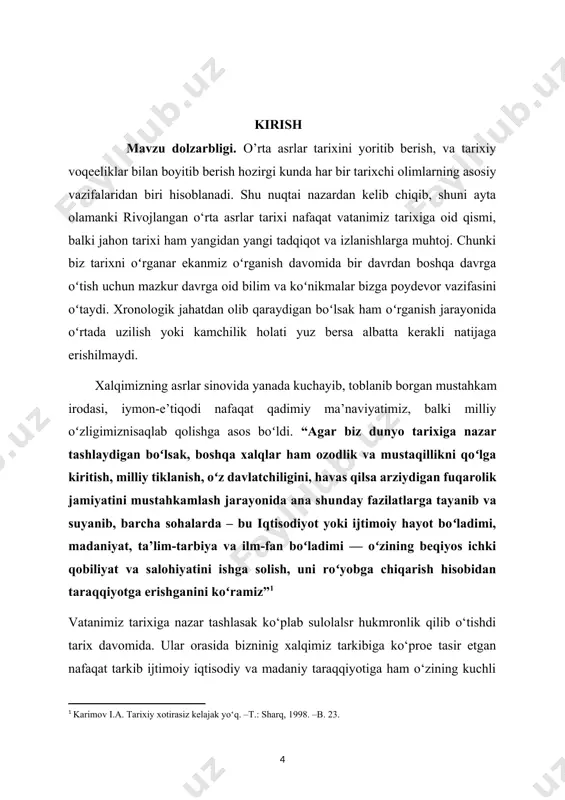 aroning turmushi tobora nochorlashib borayotganligi mahmud va uning maslakdoshlarini gʻazabga keltiradi va qoʻlga qurol olib, moʻgʻullar zulmini agʻdarib tashlash uchun kurashga undaydi. uning tevaragiga ming-minglab alamzada oddiy mehnat kishilari toʻplanadi. buxoro atrofidagi qishloqlar aholisi bilan koʻpayib borgan qoʻzgʻolonchilar buxoroga kelib, moʻgʻul amaldorlarini, shuningdek, mahalliy zodagonlar, sadrlarni yengib, shaharni egallaydilar. buxoro sadrlari mahmud torobiy hokimiyatini tan olib, uni xalifa deb eʼlon qilishga majbur boʻladilar. kurs ishi tadqiqotining maqsadi. mazkur kurs ishining asosiy maqsadi 1224 ‐1358- yillarda movarounnahrda sodir boʻlgan jarayonlar, movarounnahrda mo‘g‘ullar sulolasi davrida amalga oshirilgan islohotlar, madaniy taraqqiyot, siyosiy jarayonlar va iqtisodiy munosabatlarni xolislik tamoyili asosida oʻrganish hisoblanadi. tadqiqot ob’yekti. ushbu kurs ishining tadqiqot ob’yekti 1224 ‐1358- yillarda movarounnahrda hukmronlik qilgan mo‘g‘ullar davlati. davriy (xronologik) chegaralanishi. kurs ishining xronologik chegarasi 1224 ‐1358 -yillar oralig‘ini qamrab olgan boʻlib, asosiy urgʻu chig‘atoy ulusi davlatining tarixiga qaratilgan. kurs ishining tuzilishi. kirish, ikki bob, 5 paragraf, xulosa va foydalanilgan manba va adabiyotlar roʻyxatidan iborat. …