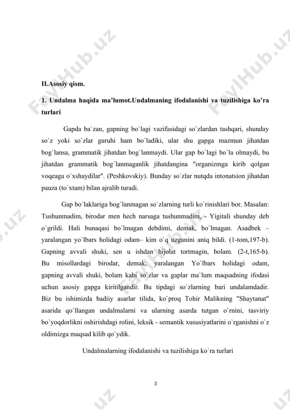 lma otlashgan so`zlar orqali ifodalanadi: bunday otlashgan so`z ko`pincha sifat yoki sifatdosh, ba`zan son bo`ladi. "shaytanat" asarida so`zlar, asosan, otlashgan sifatni uchratish mumkin. eng ko`p uchraydigan otlashgan sifatlar "azizim" so`zidir. bu so`zni asarning kahramonlaridan bo`lgan olim hikmat o`rolov nutqida juda ko`p qo`llanganini ko`rish mumkin. bu bilan yozuvchi o`rolovning o`ziga xos nutqi va xarakterini to`la ochib berishga harakat kilgan: azizim, siz bahsni yaxshi ko`rasiz, bilaman. (ii t, 254-b). o`, azizim, sizni ko`rganimdan bag`oyat xursandman. (ii t, 259-b). bu asarda boshqa xil otlashgan sifatdoshlarni undalma bo`lib kelishini ko`rishimiz mumkin: hoy yaxshilar, bu uyda domla turadi. (ii t. 26-b). bu gapda yaxshilar so`zi otlashgan sifat hisoblanadi. bu erda yaxshi odamlar so`z birikmasi bo`lib, aniqlovchi va aniqlanmish munosabati mavjud bo`lgan. lekin nutq jarayonida aniqlanmish tushirib qoldirilgan va yaxshi so`zi otning grammatik ko`plik shaklini olib, substantivattsiyaga ega bo`lgan. otga xos bo`lgan grammatik kategoriyalarning affikslarini qabul qila oladigan boshqa so`z turkumiga mansub so`zlar otlashgan hisoblanadi. 3. …
