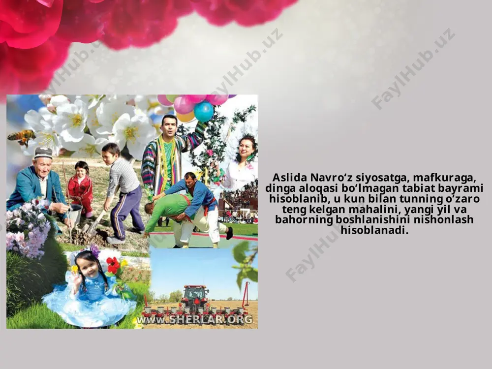 miz. navro‘z do‘stlik, birodarlik tantanasidir. sharq xalqlari bayrami, balki millati, dini, e’tiqodidan qat’i nazar, shu yurtlarda yashaydigan barcha millatlar undan bahra oladilar, bir-birlarini yaxshiroq tanib, ko‘ngillariga yo‘l topadilar. navro‘z – tan sihatlik bayrami. yilning bu pallasida tayyorlanadigan tabiiy va to‘yimli taomlar qishning uzoq va ilikuzdi tunlaridan eson-omon chiqib olgan inson vujudi uchun koni shifodir. navro‘z yoshlarning o‘z xalqini yanada yaqinroq bilishi, uning ruhiyatini tushunishi, shu xalqqa chambarchas bog‘lanib ketishi omili hamdir. savol va topshiriqlar: 1. mustaqillik yillarida qayta tiklangan qanday xalq bayramlarini bilasiz? 2. navro‘z bayramining xosiyati nimalarda ko‘rinadi? 3. bahor ne’matlaridan yana qaysilarini bilasiz? 4. bolalar o‘yinlaridan qaysisi sizga ko‘proq yoqadi? siz yashaydigan joyda yana qanday o‘yinlar bor? 5. sumalak va halimning inson salomatligini mustahkamlashdagi ahamiyati nimada? 6. navro‘zning kishiga ruhiy, jismoniy, tarbiyaviy jihatdan keltiradigan foydalarini izohlab bera olasizmi? image2.jpeg image3.jpeg image4.jpeg image5.jpeg image6.emf image7.jpeg image8.jpeg image9.png image10.jpeg image11.jpeg image12.emf image13.jpeg image14.jpeg image15.jpeg image16.jpeg image17.jpeg image1.jpeg