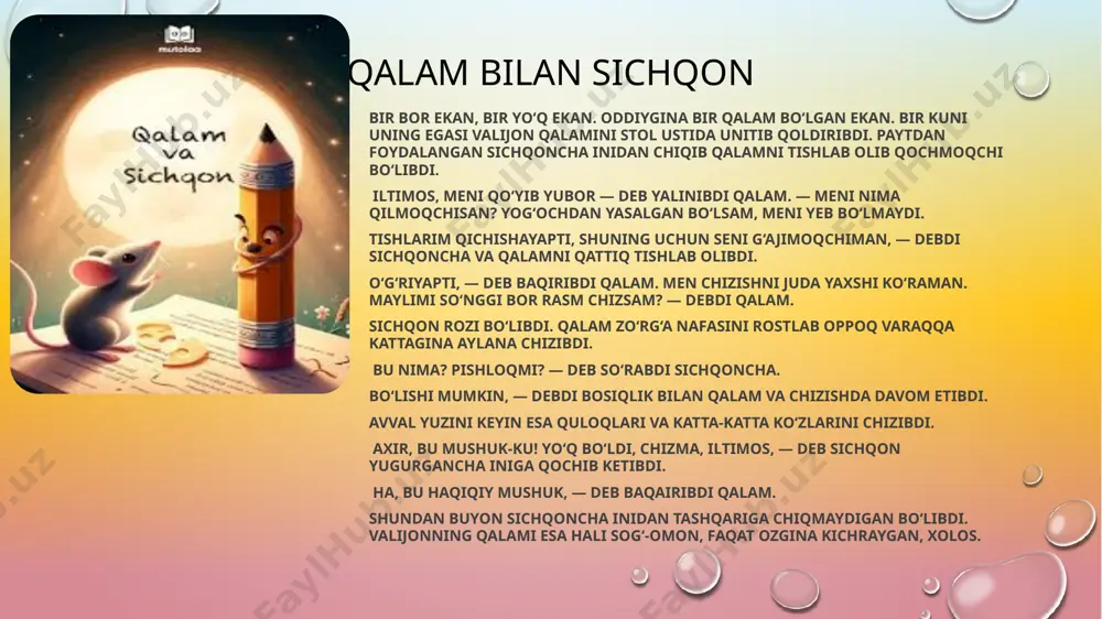 ko‘rinibdi. podshoh to‘g‘ri shu chiroq ko‘ringan joyga borsa, bir oshxona. oshxonaning ichida ko‘p odam ovqat yeb o‘tiribdi. eshikni ochib qarashi bilan oshxona egasining ko‘zi podshohga tushibdi va: — nima ishingiz bor?— deb shohdan so‘rabdi. podshoh: — qornim och, ovqat yemoqchiman, — debdi. oshxona egasi: — qani ichkari kiring, to‘rga o‘ting, — deb podshohni ichkari uyga olib kiribdi. podshoh to‘rga o‘tayotib yerto‘lada tushib ketibdi. qarasa, ro‘parasida bir odam turibdi. u odam podshohning qo‘lidan tutib, ichkari uyga olib kiribdi. uyda odam juda ko‘p ekan. podshoh qo‘rqib indamay turgan ekan. bir kishi o‘tirgan yeridan turib, qo‘liga katta pichoqni ushlab “qani, hozir navbat kimniki?” deb to‘g‘ri podshohning oldiga kelib, uni so‘ymoqchi bo‘libdi. birovi kelib kallasidan ushlabdi. podshoh esidan adashib, xayoli qochibdi. so‘ymoqchi bo‘lganlarga: — sizlar kimsizlar, sizga jon kerakmi, mol kerakmi, pul kerakmi?— debdi. ular: — bizga jondan boshqa bari kerak, u bo‘lmasa jon kerak, hozir sening kallang kerak, — deyishibdi. podshoh: — pul, …