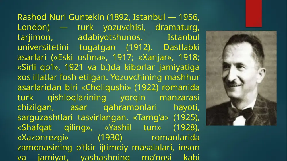 mayor 8. o’qituvchi joy nomlari: toponimlar 1. istambul 2. samatiya 3. rumeli 4. beyo’g’li 5. karbalo 6. diyorbakr 7. musul 8. bag’dod odamzot eng ko‘p sevgan kishisi bilan sinaladi; asardagi milliy kalorit: “choliqushi”ni shunchaki bir ishqiy roman bo‘lib qolishidan qutqargan, an’anaviy sevgi-muhabbat mavzusida yozilgan boshqa asarlardan farqi ayni paytda romanning o‘sha davr ijtimoiy holatidan ham hikoya qilishidir. romanning sotsial jihatini yoritib bergan keng ma’noli so‘z bu onado‘ludir. bu so‘zning mantiqiy dunyosi ichida ham shu hudud hamda shu hududda yashagan insonlar va ularga tegishli muammolar joy olgan. asarda onado‘lu va u yerda yashagan insonlar hayotiga nazar tashlaganimizda yo‘qsillik, jaholat, yashash zavqidan mahrumlik kabi holatlarga duch kelamiz. feride bir muddat yashagan zaynilar qishlog‘i tasvirlari nafaqat onado‘lu, balki o‘sha davrda hukumat tepasida bo‘lgan usmonli iqtidorining haqiqatlarini ham ko‘z oldimizda qip-yalang‘och namoyon qiladi. zaynilar qishlog‘i tasvirida asosan “yakkam-dukkam kulbalar”, “taxta uylar”,”cho‘ka boshlagan qop-qora vayronalar”, “u yer bu yerda tutab yotgan yong‘in xarobalari” kabi ifodalar …