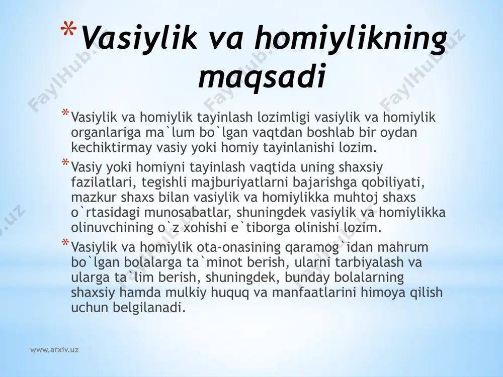 ga layoqatli shaxslarga nisbatan – ijtimoiy ta`minot bo`limlari zimmasiga yuklatiladi. www.arxiv.uz vasiylik va homiylik belgilanadigan shaxslar vasiylik o`n to`rt yoshga to`lmagan bolalarga va sud tomonidan muomalaga layoqatsiz deb topilgan shaxslarga nisbatan belgilanadi. homiylik o`n to`rt yoshdan o`n sakkiz yoshgacha bo`lgan voyaga yetmaganlarga, shuningdek, sud tomonidan muomala layoqati cheklangan deb topilgan shaxslarga nisbatan belgilanadi. sog`lig`ining yomonligi sababli mustaqil ravishda o`z huquqlarini amalga oshira olmaydigan va majburiyatlarini bajara olmaydigan voyaga yetgan muomalaga layoqatli shaxslarga nisbatan homiylik shu shaxslarning iltimosiga binoan belgilanishi mumkin. www.arxiv.uz vasiy va homiy tayinlash tartibi vasiylik va homiylik majburiyatlarini bevosita amalga oshirish uchun vasiylik va homiylik organi vasiy yoki homiy tayinlaydi. vasiy yoki homiy etib voyaga yetgan har ikki jinsdagi fuqarolar ularning roziligi bilangina tayinlanishi mumkin. vasiylik va homiylik tayinlash lozimligi vasiylik va homiylik organlariga ma`lum bo`lgan vaqtdan boshlab bir oydan kechiktirmay vasiy yoki homiy tayinlanishi lozim. quyidagi shaxslar vasiy va homiy qilib tayinlanishi mumkin emas: ota-onalik huquqidan mahrum …