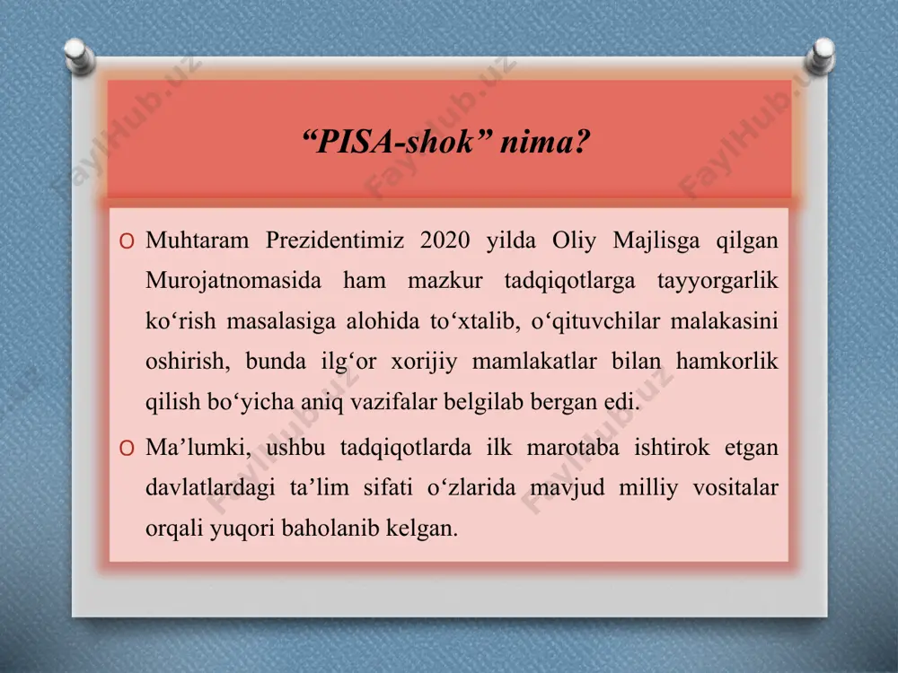 atbardoshligini oʻrganadi. investor uchun “pisa” natijalari mamlakatning sarmoyaviy jozibadorligi darajasidir. inson kapitali sifati bugungi kunda ilmiy-texnik taraqqiyot darajasi bilan bogʻliq muammolarga javob beradi. image5.png image6.png image7.png image8.png image9.png image10.png image11.png image12.png image13.png image14.png image15.png image16.png image17.png image18.png image19.png image3.jpeg image4.png /docprops/thumbnail.jpeg