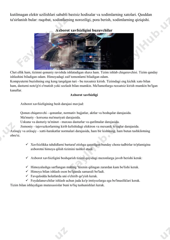 harakatlar normalari darajasida, ham bir kishining, ham butun tashkilotning obro'si. · xavfsizlikka tahdidlarni bartaraf etishga qaratilgan bunday chora-tadbirlar to'plamigina axborotni himoya qilish tizimini tashkil etadi. · axborot xavfsizligini boshqarish tizimi quyidagi mezonlarga javob berishi kerak: · himoyalashga sarflangan mablag 'taxmin qilingan zarardan kam bo'lishi kerak. · himoya bilan ishlash oson bo'lganda samarali bo'ladi. · favqulodda holatlarda uni o'chirib qo'yish kerak. · foydalanuvchilar ishlash uchun juda ko'p imtiyozlarga ega bo'lmasliklari kerak. tizim bilan ishlaydigan mutaxassislar buni to'liq tushunishlari kerak. axborot xavfsizligi uchun apparat va dasturiy ta'minot zamonaviy kompyuterlar o'zlarining himoya tizimlariga ega bo'lishiga qaramay, qo'shimcha vositalar haqida o'ylamasdan bo'lmaydi. shunchaki ko'pgina jamoat xavfsizligi tizimlari axborot tarmog'i almashinuvi paytida ma'lumotlarni himoya qila olmaydi. bir nechta apparat va dasturiy ta'minot himoyalari mavjud. tashkilotda axborotni muhofaza qilish turlari axborot xavfsizligini ta'minlash texnologiyalari ikki guruhga bo'linishi mumkin: axborotni qayta ishlash (saqlash) uchun dasturiy ta'minot va texnik vositalarni nosozliklardan, tasodifiy xato natijasida yuzaga kelishi mumkin bo'lgan …