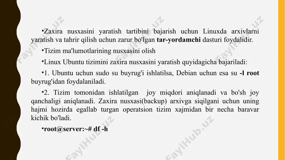 riqlar: 1. tizim ma'lumotlarining nusxasini olish qanday? 2. tizimni back-up fayldan tiklash qanday amalag oshirildi? 3. bo'limning obrazini yaratish qanday amalg oshiriladi? 4. arxivni ochish jarayoni qanday komandalar asosoida amalga oshiriladi? e'tibor uchun rahmat! by: ulmasson 17 image1.jpeg image2.png image3.png image4.png image5.jpeg