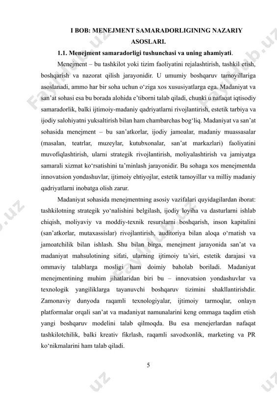 an farqli ravishda davlatning madaniy merosni saqlab qolish, yoshlarni tarbiyalash va milliy qadriyatlarni rivojlantirishga qaratilgan strategiyalarni ishlab chiqishini taqozo etadi. bu jihat boshqa sohalarda, ayniqsa, tijorat sektori va ishlab chiqarishda ko‘proq individual va xususiy yondashuvlar mavjud bo‘lsa, madaniyat sohasida davlatning bevosita roli muhim ahamiyatga ega. to‘rtinchidan, madaniyat sohasida boshqaruv samaradorligi ijodiy xodimlarning motivatsiyasiga va ijodiy muhitni yaratishga bevosita bog‘liqdir. madaniyat muassasalarida boshqaruvchilar ko‘proq ijodkorlar va san’atkorlarning ish sharoitlarini yaxshilashga e’tibor qaratadilar. bu boshqaruv jarayonlari boshqaruvchidan tashkilotning ishlab chiqarish faoliyatini boshqarishdan ko‘ra, san’at mahsulotlarini yaratish jarayonining o‘ziga alohida e’tibor qaratishni talab etadi. ijodiy jamoalar o‘z faoliyatlarida erkinlikni, yangi g‘oyalarni amalga oshirishni va innovatsiyalarni talab qiladilar, shuning uchun boshqaruv jarayonlarida boshqaruvchilar ko‘proq psixologik, estetik va motivatsion jihatlarni hisobga olishlari zarur. shuningdek, madaniyat va san’at sohasida boshqaruvda innovatsion texnologiyalar va raqamli platformalardan foydalanish tobora ahamiyat kasb etmoqda. raqamli texnologiyalar san’at asarlarini keng ommaga taqdim etish, ________________ ² mintzberg, h. (2009). managing. prentice hall. …