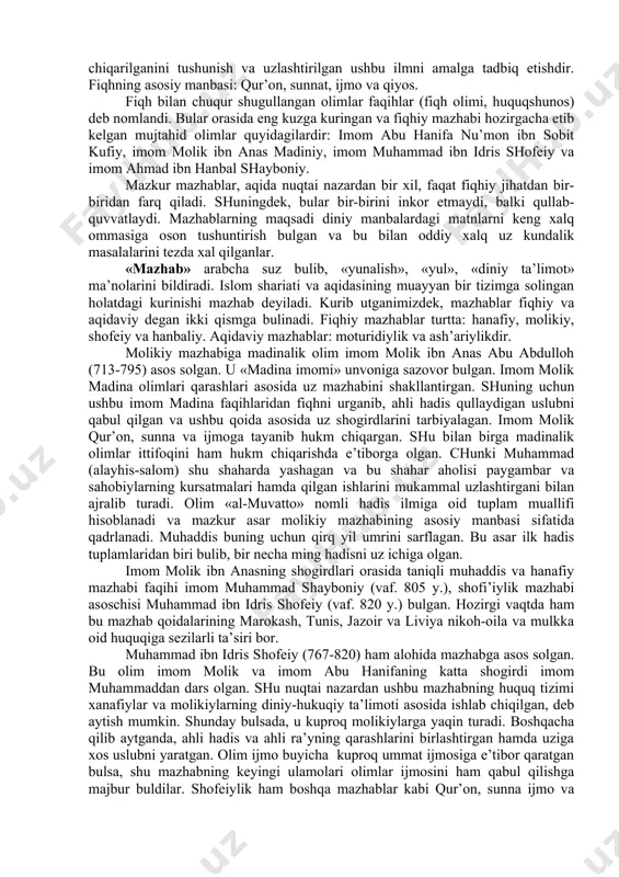 n uz ta’limotlarini asoslaydilar. shuningdek, hadislardan faqat xalifa ali, uning avlodi va ba’zi sahobiylar tomonidan keltirilgan rivoyatlarni tan oldilar va shunday rivoyat-hadislardan iborat mustaqil tuplamlar tuzgan. sunniylikda e’tirof etilgan diniy aqidalardan farqlanib, shialikda tavhid, adl, nubuvvat, imomat, qiyomatdan iborat beshta aqidaga e’tiqod qilinadi. bulardan turt aqida – tavhid (allohning yagonaligini e’tirof etish), adl (adolat, allohning odilligi, ya’ni taqdir aqidasi), nubuvvat (paygambarlik), qiyomat yoki maod (oxirat kunining kelishi va ulganlarning tirilishi), asosan, sunniylik ta’limotiga mos tushadi. beshinchi aqida esa imomat (ali va uning avlodlaridan iborat un ikki imom hokimiyatini) esa, sunniylikka zid ekani bilan farq qiladi. shialik ichida ixtiloflar uyz berishi natijasida kup firqalar vujudga kelgan. bulardan zaydiylar, ja’fariylar va boshqalar. imomiylar va ismoiliylar shialikdagi ikki yirik oqim hisoblanadi. umuman olganda, islom tarixida vujudga kelgan adashgan firqalarning uzlari ham bir necha guruhlarga bulinib ketganlar. shuni alohida ta’kidlab utish lozimki, hozirgi kunda paydo bulayotgan islom nomidan ish kurayotgan turli adashgan oqimlar tarixda …