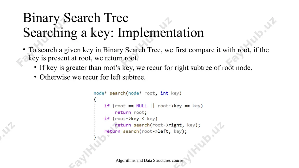 e child to the node and delete the child. algorithms and data structures course 8 9 2 1 4 binary search tree deletion of a key when we delete a node, three possibilities arise: third, node to be deleted has two children: algorithms and data structures course 8 9 2 1 3 4 binary search tree deletion of a key when we delete a node, three possibilities arise: third, node to be deleted has two children: find inorder successor of the node. copy contents of the inorder successor to the node and recursive delete the inorder successor. note that inorder predecessor can also be used. algorithms and data structures course 8 9 2 1 3 4 binary search tree deletion of a key when we delete a node, three possibilities arise: third, node to be deleted has two children: find inorder successor of the node. copy contents of the inorder …