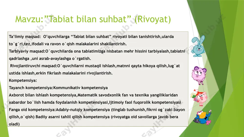 va malakalar hosil qilinadi. 20 daqiqa 4-bosqich yangi mavzuni mustahkamlash o’quvchilarni egallagan bilim, ko’nikma va malakalari savol –javob bilan aniqlanadi.o’quvchilar rag’batlantiriladi (o`quvchilarning har bir to`g`ri javoblarida rag`bat kartochkalari beriladi) 10 daqiqa 5-bosqich darsni yakunlash, o’quvchilarni baholash. baholarni e’lon qilish, va kundalik daftarga qo`yish 4 daqiqa 6-bosqich uyga vazifa uyga vazifani tushuntirish, o’quvchilar bilan xayrlashish. 1 daqiqa darsning borishi i. tashkiliy qism: o’qituvchi: salom aziz bolalar ! chiroyli gul lolalar esonmisiz ,omonmisiz bugun darsga tayyormisiz o`quvchilar : ha ,uztozjon omonmiz bugun darsga tayyormiz dars shiori: o`qib-uqib biz doim, komil inson bo`lamiz kelajakda albatta, yuksaklarga chiqamiz! o`qituvchi shiori :hozirgi zamon talablariga mos dars turlarini yaratish. maqsadimiz- bilim cho`qqilarini egallab ,iqtidor va este`dodimizni namoyon etib har sohada ilg`or fan tajribalarini puxta egallab, vatanimizga xizmat qiladigan insonlar bo`lib yetishishish. 1) bugun kim navbatchi “who is on duty today” 2) haftaning qaysi kuni “what day is it today” 3) bugungi sana “what date is it …