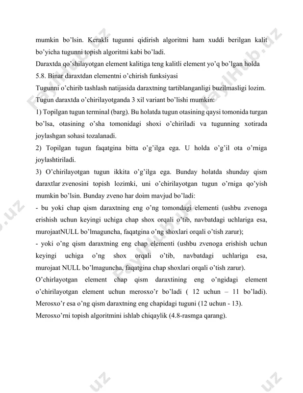 binar daraxtning muvozanatlanganligini tekshirish uchun uning har bir tugunini har ikkala qismdaraxti balandliklarini hisoblab, farqlarini tekshirib ko’rish kerak. agar farq 0 yoki 1 ga teng bo’lsa, bu muvozanatlangan daraxt hisoblanadi. quyida binar daraxtni muvozanatlanganlikka tekshirishning rekursiv funksiyasini qo’llovchi dastur keltirilgan. dastur kodi #include using namespace std; class node{ public: int info; node *left; node *right;}; int k=0,flag=1; int height(node *tree){ int h1,h2; if (tree==null) return (-1); else { h1 = height(tree->left); h2 = height(tree->right); if (h1>h2) return (1 + h1); else return (1 + h2);}} void vizual(node *tree,int l) { int i; if(tree!=null) { vizual(tree->right,l+1); for (i=1; i vizual(tree->left,l+1);}} int avltree (node *tree){ int t; if (tree!=null){ t = height (tree->left) - height (tree->right); if ((t 1)) { flag = 0; return flag; } avltree (tree->left); avltree (tree->right);}} int getflag(){return flag;} int main() { int n,key,s; node *tree=null,*next=null; cout >n; int arr[n]; for(int i=0; i node *p=new node; node *last=new …