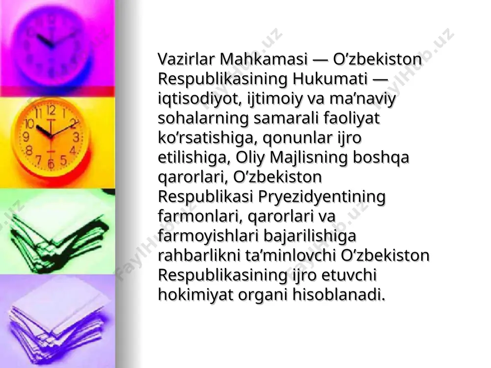 ko’rib chiqishi va tasdiqlashi uchun o’zbekiston respublikasi bosh vaziri nomzodini taqdim etadi va lavozimdan ozod etadi», deb ko’rsatilgan. bu yerda bosh vazirni lavozimidan ozod etishning prezident vakolatiga kirishi belgilangan. konstitutsiyaning 98-moddasi ikkinchi xatboshisi vazirlar mahkamasini shakllantirishga bahishlangan bo’lib, unga asosan vazirlar mahkamasi o’zbekiston respublikasi prezidenti tomonidan shakllantiriladi. tegishli tartibda tasdiqlangan bosh vazir taqdimiga binoan vazirlar mahkamasining a'zolari prezident tomonidan tasdiqlanadi. vazirlar mahkamasining mas'uliyati asosi konstitutsiyada belgilangan bo’lib, 98-moddada «vazirlar mahkamasi o’z faoliyatida o’zbekiston respublikasi oliy majlisi oldida javobgardir. vazirlar mahkamasi yangi saylangan oliy majlis oldida o’z vakolatlarini zimmasidan soqit qiladi», deb belgilangan. ayrim mamlakatlarda hukumat yo prezident oldida (prezidentlik respublikalarida) yoki parlament oldida (parlamentar respublikalarda) javobgar bo’ladi. e`tiboringiz uchun rahmat