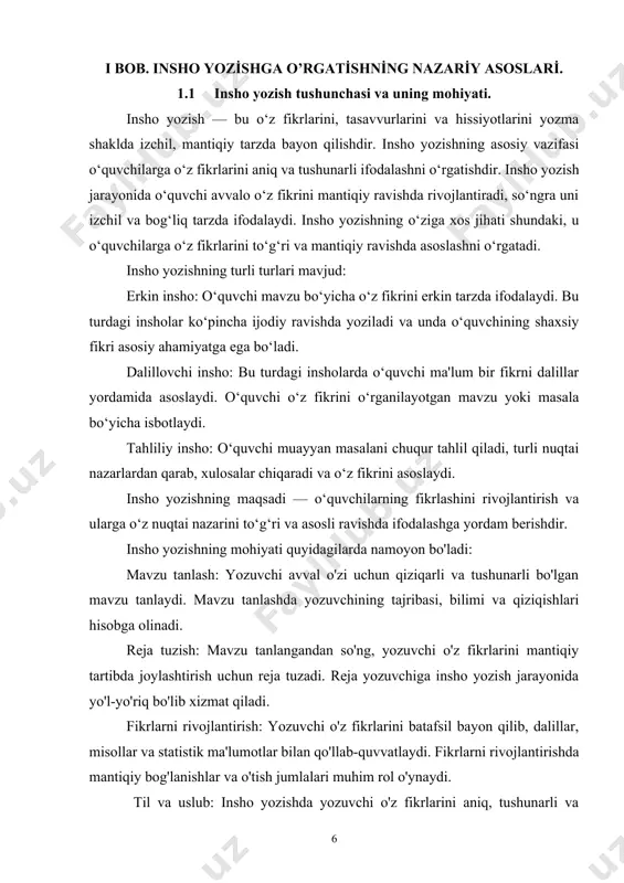 yozishda yozuvchi o'z fikrlarini aniq, tushunarli va ta'sirchan tarzda ifoda etish uchun o'ziga xos til va uslubni tanlaydi. tilning aniqligi, uslubning jozibadorligi va o'quvchini o'ziga jalb qilish qobiliyati muhimdir. xulosa: inshoning oxirida yozuvchi o'z fikrlarini qisqacha umumlashtirib, o'quvchiga asosiy fikrlarni eslatib o'tadi. xulosa insho yozish jarayonining muhim qismi bo'lib, o'quvchiga yozuvchining asosiy fikrlarini tushunishga yordam beradi. insho yozish - bu yozuvchining o'z fikrlarini ifoda etish, o'z nuqtai nazarini himoya qilish va o'quvchini o'ziga jalb qilish qobiliyatini rivojlantirishga yordam beradigan muhim jarayon. bu jarayon yozuvchining fikrlash, tahlil qilish va ifoda etish qobiliyatini oshiradi. yozma nutq- bu kishilarning muloqotini va o‘zaro bir birlarini tushunishlarini ta’minlovchi mazmunan keng yoyilgan fikrdir. yozma nutqni fikrlar dunyosidan ajratib bo‘lmaydi: yozma nutq – bu fikrlar yozma ligidir, unda bolaning mantiqiy fikrlash, o‘zi qabul qilayotganlarini mulohaza qilish va ularni to‘g‘ri ifodalash qobiliyati aks etadi. yozma nutqni shakllantirish, uning vazifasini o‘zgartirish murakkablashib borayotgan bola faoliyati oqibati bo‘lib, u bolaning …