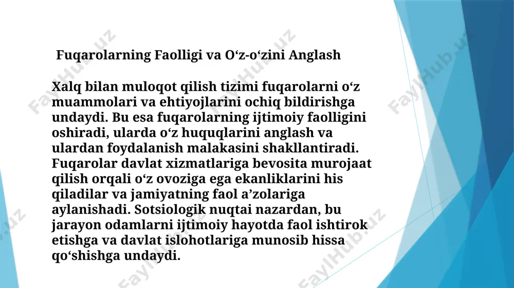 matlaridan raqamli platformalar orqali foydalanishlari mumkin. "yagona darcha" markazlari, prezident virtual qabulxonasi va boshqa raqamli tizimlar fuqarolarni davlat xizmatlari va boshqaruv jarayonlariga jalb qiladi. bu esa fuqarolarni ijtimoiy va siyosiy hayotga faol ravishda qo‘shilishiga imkon yaratadi. fuqarolarning ijtimoiy faolligi va ta'lim fuqarolar tushunchasi davlat boshqaruvida ishtirokni ta'minlaydi. o‘zbekistonning yangi tizimida fuqarolar ijtimoiy faollikni oshirishga, jamiyatdagi o‘zgarishlarni qo‘llab-quvvatlashga va davlat qarorlarida faol ishtirok etishga qodir bo‘lishadi. bu faollik odamlarning huquqlarini anglash, ta'lim olish, va o‘zlarining fuqarolik jamiyatidagi o‘rinlarini tushunish orqali rivojlanadi. 1) xulosa yangi oʻzbekistonda xalq bilan muloqot qilish tizimi jamiyatda davlatga nisbatan ishonchni oshiradi, fuqarolarning faolligini va ijtimoiy kapitalini rivojlantiradi. shu bilan birga, u ijtimoiy adolat va tenglikni ta’minlashga, fuqarolik jamiyatini rivojlantirishga va jamoaviy hamkorlikni kuchaytirishga xizmat qiladi. sotsiologik nuqtai nazardan, bu tizim davlat va jamiyat o‘rtasidagi ishonchli, ochiq va teng huquqli munosabatlarni shakllantirib, yangi o‘zbekiston g‘oyasi asosidagi islohotlarning barqarorligini ta’minlashga yordam beradi. 2) xulosa prezident shavkat mirziyoyevning xalq bilan …