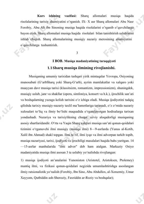 masalalari haqida bahs yuritgan. 14—15-asrlar manbalarida "ilmi advor" deb ham atalgan. markaziy osiyo madaniyatida musiqa ilmi asosan 3 ta uslubiy yoʻnalishda rivojlangan: 1) musiqa ijodiyoti anʼanalarini yunoniston (aristotel, aristoksen, ptolemey) mantiq ilmi, va fizikasi qonun-qoidalari negizida umumlashtirishga asoslangan ilmiy ratsionalistik yoʻnalish (forobiy, ibn sino, abu abdullox, al-xorazmiy, umar xayyom, qutbiddin ash-sheroziy, faxriddin ar-roziy va boshqalar); 2) muayyan bir ijodiy uslub, maktab yoki musiqaning maʼlum bir soxasi (ashula yoki cholgʻu ijrochiligi va h. k.)ni amaliy oʻzlashtirishga moʻljallangan amaliy-empirik yoʻnalish (banu muso, yahyo al-munajjim, safiuddin al-urmaviy, najmiddin kavkabiy, darvishali changiy va boshqalar); 3) qurʼon, hadislar, shariat arkonlari va tasavvuf gʻoyalari nuqtai nazaridan kelib chiqqan holda musiqaning maʼnaviy mo-hiyati, tarbiyaviy ahamiyati masalalarini oʻrganishga bagʻishlangan diniy-maʼnaviy yoʻnalish (kalobodiy buxoriy, abu x°mid gʻazoliy, boqiyo noiniy, ziyouddin naxshabiy, nurasad chishtiy, 4 abdulhaq dexlaviy, hujviriy, abbodiy va boshqalar). oxirgi yoʻnalishda ilmi musiqiy koʻp hollarda "samoʼ" deb atalgan. temuriylar davrida ilmiyratsionalistik va amaliy-empirik uslublarni oʻzaro mujassamlashtirishga yoʻnaltirilgan taʼlimotlar …