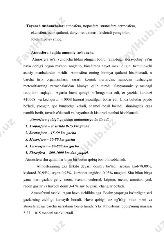5 tonnani tashkil etadi. atmosfera havosini ifloslantiruvchi manbalar. atmosferada sodir bo'ladigan fizik, kimyoviy va biologik o'zgarishlar tirik organizmlarga o'z ta'sirini ko'rsatadi. so'nggi yillarda inson ta'sirining kuchayishi natijasida gazlar muvozanatining o'zgarishi kuzatilmoqda. atmosferadagi gazlar doimiy miqdorining o'zgarishi sayyoramiz uchun salbiy oqibatlarga olib kelishi aniqlangan. buyuk mutafakkir abu ali ibn sino aytganidek “agar havoda chang va tutun bo'lmasa inson ming yilgacha umr ko'rgan bo'lardi”. atmosferaning ifloslanishi deganda havoga zaharli birikmalarning qo'shilishi natijasida uning fizik va kimyoviy xususiyatlarini o'zgarishi tushuniladi. insoniyatga qolaversa, barcha jonivorlarga hayot baxsh etadigan atmosfera havosini hozir asosan ikki manba: tabiiy omillar va inson faoliyatining mahsuli – antropogen (sun'iy) manba ifloslantiradi. tabiiy omillarga: kosmik changlar, vulqonlarning otilishidan, tog' jinslarining emirilishi va tuproqning nurashidan vujudga kelgan moddalar, o'simlik va hayvon qoldiqlari, o'rmon va dashtdagi yong'in, dengiz suvining mavjlanishi bilan havoga chiqqan tuz zarrachalari kabilarni misol qilib ko'rsatish mumkin. atmosferaning sun'iy ifloslanishiga: avtomobil transporti birinchi o'rinni (40%), energetika sanoati ikkinchi o'rinni (20%), …