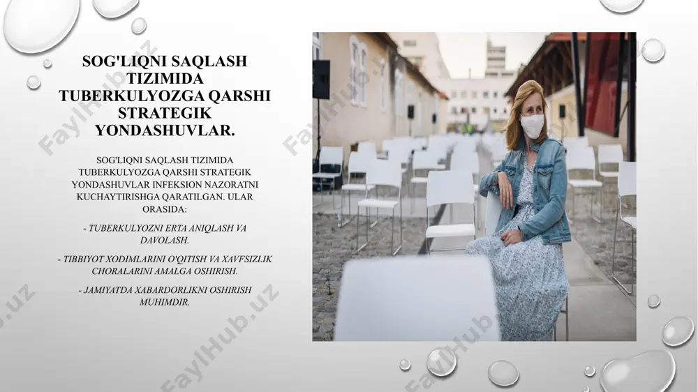 moatchilik ishtirokini oshirish uchun samarali usuldir. ta'lim dasturlari sog'liqni saqlash muassasalarida tuberkulyozga oid ta'lim dasturlari, kasallikning profilaktikasini va uning alomatlarini tan olishni o'rgatadi, aholini jalb qiladi. ijtimoiy tarmoqlar ijtimoiy tarmoqlar orqali tuberkulyozga qarshi kampaniyalar o'tkazish, keng auditoriyani jalb etish va kasallik haqida ma'lumot tarqatish uchun kuchli platforma hisoblanadi. xulosa tuberkulyozga qarshi kurash tuberkulyozga qarshi kurashda profilaktika usullari va strategiyalar, sog'liqni saqlash tizimida muhim o'rin tutadi. innovatsion yechimlar yordamida samarali natijalarga erishish mumkin. jamoatchilik ishtiroki sog'liqni saqlash muassasalarida tuberkulyozni oldini olishda jamoatchilik ishtiroki muhim ahamiyatga ega. ommaviy tushuntirish va ta'lim, infeksiyaning tarqalishini kamaytiradi. xalqaro tajribalar o'zbekistonda tuberkulyozni oldini olishda xalqaro tajribalar va muvaffaqiyatli strategiyalarni o'rganish, milliy dasturlarni takomillashtirishga yordam beradi. bu, sog'liqni saqlash tizimini mustahkamlaydi. image2.png image3.png image4.jpg image5.jpg image6.jpg image1.png /docprops/thumbnail.jpeg