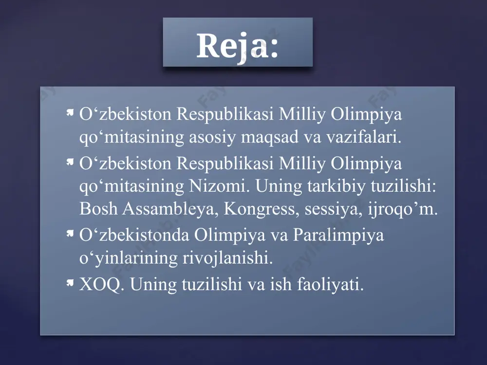 ordam, targ‘ibot, xalqaro aloqalar va boshqa sohalarda faoliyat ko‘rsatadi. o‘zr moq prezidenti, uning yordamchisi, ijroqum a’zolari davlat jismoniy tarbiya va sport qo‘mitasi, sport jamiyatlari, uyushmalari, assotsiatsiyalari bilan bevosita hamkorlikda ish olib boradi. moq nizomi - moq o‘z amaliy faoliyatida olimpiya xartiyasiga muvofiq ishlab chiqilgan ustavga (u moqning rasmiy koidalari, tushuntirishlar va yuriqnomani uz ichiga oladi) amal qiladi. bosh assambleya - moqning oliy organi bo‘lib, u odatda bir yilda bir marta chaqiriladi. assambleyalar orasidagi davr ichida davlatimizda olimpiya harakatiga rahbarlik qilish moq ijroiya qo‘mitasi tomonidan amalga oshiriladi. uning tarkibiga prezident, 4 vitse-prezidentlar, bosh kotib va 18 a’zo kiradi. ular 4 yil muddatga saylanadi. kongress (quriltoy) – moqning eng yirik va kengaytirilgan majlisidir. unda olimpiya harakati va sport turlarini rivojlantirish bilan bog‘lik bo‘lgan masalalar muhokama qilinadi. eng ilg‘or tajribalar, ilmiy – tadqiqot natijalari va muammoli masalalarga alohida yondashiladi, zarur bo‘lsa, moq a’zolari va prezidenti ham saylanadi. moq sessiyasi - moq chiqargan qarorlarni …