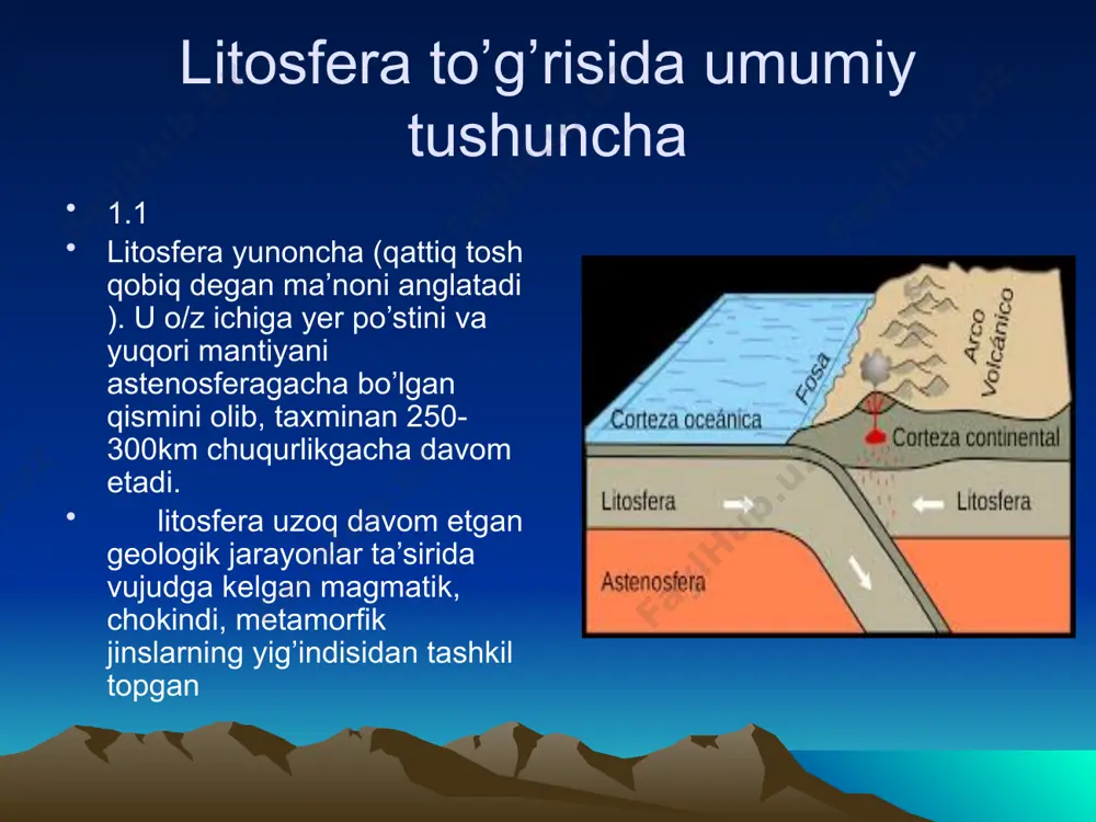 chami uzun, ikki o‘lchami kam; 4) murakkab tanalar. 1. izometrik shakldagi ma’dan tanalariga quyidagilar kiradi: ma’danlashish massivi – ma’danli minerallar yalpi tarqalgan; shtokverk– ko‘pincha turli tomonga cho‘zilgan va o‘zaro kesishuvchi ma’dan tomirlari va tomirchalari to‘plami. bu ma’danli tomirlar ko‘pincha tog‘ jinslari orasida mavjud tektonik darzliklarda joylashadi. bular cho‘kindi jinslar oralarida va intruziv jinslarning shiplarida va oralarida joylashadi. bu shakl qalay, volfram, molibden,mis, oltin konlari uchun xosdir. materok yer po’stining asosiy tuzilishi yer po‘stining tuzilishi va tarkibi yer po‘sti sayyoramizning eng yuqori qattiq qobig‘ini tashkil etadi va murakkab relyef tuzilishiga ega. quruqlik relyefida tog‘lar va tog‘ tizmalari, past tog‘liklar, tepaliklar hamda tekisliklar ajratiladi. yer po‘stining qalinligi okean ostida 5–8 km, quruqlikda esa 20–70 km ni tashkil etadi. yer po‘stining yuqori qismini tashkil etuvchi jinslarning tarkibi va xossalari to‘g‘risida tabiiy ochilmalar, tog‘ lahimlari hamda burg‘i quduqlari kernidan olingan namunalar bo‘yicha ma’lumotlar olish mumkin. yer po‘stining kimyoviy tarkibini aniqlashda f.v.klark, v.i.goldshmidt, v.i.vernadskiy, a.ye.fersman, …