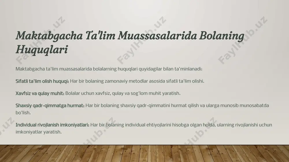 'llab-quvvatlash. 9 xulosa: bolalarning huquqlari - kelajak poydevori bolalarning huquqlarini hurmat qilish muhimligi: yetarli ta'lim va tarbiya - jamiyat rivoji. har bir bolaning potentsialini ochib berish orqali kelajakni qurish mumkin. xulosa qilib aytganda, bolalarning huquqlarini ta'minlash - bu nafaqat axloqiy burch, balki jamiyatning kelajak rivojiga qo'yilgan sarmoyadir. 10 image2.png image1.jpg