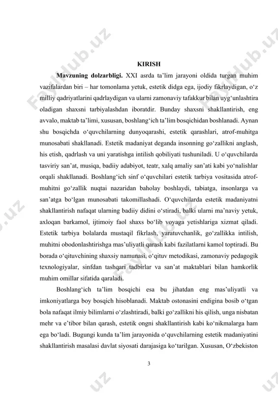 gi “2022–2026-yillarga mo‘ljallangan yangi o‘zbekistonning taraqqiyot strategiyasi to‘g‘risida”gi pf–60-sonli farmoni] shuningdek, 2023-yil 13-martdagi pq–95-sonli prezident qarori — “2023–2026-yillarda umumiy o‘rta ta’lim tizimini rivojlantirish bo‘yicha milliy dastur to‘g‘risida”gi qarorda ham boshlang‘ich ta’limda tarbiyaviy ishlarning, ayniqsa, estetik ta’limning yangi bosqichga olib chiqilishi, maktablarda badiiy-estetik muhit yaratish, san’at va adabiyot bilan boyitilgan darsdan tashqari mashg‘ulotlarni kengaytirish bo‘yicha aniq choralar ko‘zda tutilgan. davlat siyosatida san’at va madaniyat bilan ta’limni uyg‘unlashtirishga alohida e’tibor qaratilmoqda. masalan, 2021-yil 6-apreldagi pq–5050-sonli qaror — “madaniyat va san’at sohasini yangi bosqichga olib chiqish chora-tadbirlari to‘g‘risida”gi[footnoteref:2] qarorda o‘quvchilarda san’atni anglash, go‘zallikka intilish, madaniy merosni qadrlash kabi kompetensiyalarni rivojlantirish orqali ularning estetik madaniyatini shakllantirish zarurligi ta’kidlangan. pedagogik jamoalardan, ayniqsa boshlang‘ich sinf o‘qituvchilaridan dars jarayonida faqat bilim berish emas, balki o‘quvchilarning estetik tarbiyasiga ham jiddiy e’tibor qaratish talab etilmoqda. zero, estetik tarbiya bolaning ichki dunyosini, his-tuyg‘ularini, dunyoqarashini shakllantirishda muhim omil bo‘lib xizmat qiladi. bu esa o‘z navbatida yosh avlodni barkamol, mehribon, go‘zallikni qadrlaydigan …