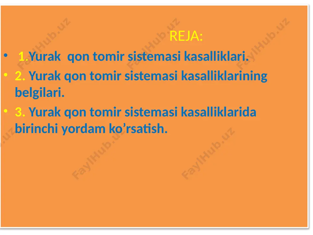 q joylashadi. artеriya qon tomirini aniqlash usuli. www.arxiv.uz www.arxiv.uz yurak muskullarida qon aylanishining buzulishi tufayli sodir bo’ladigan kasallik yurakning ishemik kasalligi bu asosan toj artеriyalar tizimida patologik jarayonlar natijasida miokardning qon bilan ta'minlanishi buzilishi yoki biror toj artеriyasini qon oqishining butunlay to’xtab qolishi natijasida yuzaga kеladigan kasallikdir. toj artеriyasining asab zo’riqishi tufayli torayib qon okishini sеkinlashishi ham yurakning shiеmik kasalligiga olib kеladi deyiladi. www.arxiv.uz www.arxiv.uz qon aylanishining buzulishi tufayli yurak muskullarining ma’lum bir qismining yemirilishi natijasida miokard infarkti yuzaga keladi. www.arxiv.uz bu kasallikni rivojlanishiga tashqi va ichki muhitning turli tuman omillari ya'ni, haf hatar omillari, jaholat, ruhan ezilish, asabning qo’zg’alishi, qonda holеstirin moddasining zichligi, kеchish, suyuqlik ichimliklarini ko’p istе'mol qilish, kam harakatlik, sеmizlik, qandli dеabеtlar sabab bo’lishi mumkin. katta jismoniy harakatlar tufayli yurak mushaklarining ishi bilan uning kislorodga bo’lgan ehtiyoji o`rtasida nomunofiklik bo’lishi ham yurakning shiеmik kasalligiga olib kеladi. bu kasallikni rivojlanishiga tashqi va ichki muhitning turli tuman omillari ya'ni, …