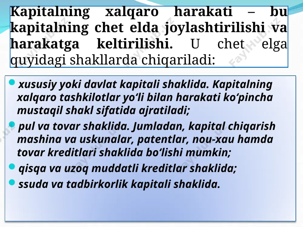 eksport ulushi (eksport kvotasi) eksport va import hajmi, shu jumladan kapital eksporti va importi * 3. xalqaro iqtisodiy integratsiyaning mohiyati, shakllari va ob’ektiv asoslari. xalqaro iqtisodiy integratsiya – bu mamlakatlarning chuqur, o‘zaro aloqalarining barqaror rivojlanishi va milliy xo‘ja­liklar o‘rtasidagi mehnat taqsimoti asosida ular xo‘jalik-siyosiy aloqalarining birlashish jarayonlaridir. xalqaro iqtisodiy integratsiyaning asosiy shakllari quyidagilar: - erkin savdo zonalari. bu iqtisodiy integratsiyaning eng oddiy shakli bo‘lib, uning doirasida qatnashuvchi mamlakatlar o‘rtasidagi savdo cheklashlari bekor qilinadi. bunga yev­ropa erkin savdo uyushmasi va mdh mamlakatlari o‘rtasi­dagi o‘zaro bitimlar misol bo‘la oladi; boj ittifoqi. iqtisodiy integratsiyaning bu shakli erkin savdo zonalarining faoliyat qilishi bilan birga yagona tashqi savdo ta’riflari o‘rnatishni va uchinchi mamlakatga nisbatan yagona tashqi savdo siyosati yuritishni taqozo qiladi. yevropa ittifoqi (yei) boj ittifoqiga yorqin misoldir; * - to‘lov ittifoqi. bu milliy valyutalarning o‘zaro erkin almashuvini va hisob-kitobda yagona pul birligining amal qilishini ta’minlaydi. yevropa hamjamiyati, janubiy-shar­qiy osiyo va mdh mamlakatlari uchun to‘lov …