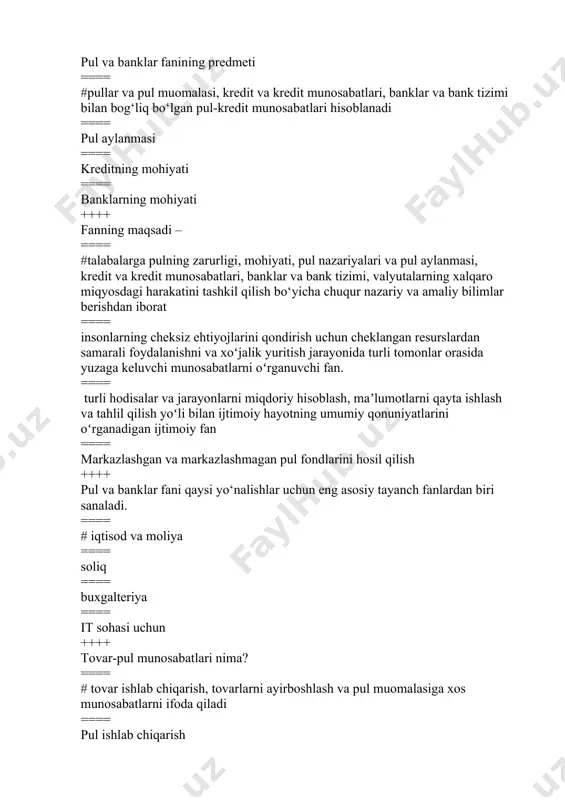 mahsulotlari turib qolmasligi va saqlashning imkoniyati bo‘lmaganligi bois qanday yo’l tutishgan? ==== #o‘zlariga yaqin yoki tanish odamlarga bergan ==== saqlashda davom etishgan ==== berkitib qo’yishgan ==== bankka topshirib qo’yishgan ++++ pulning tovar xo‘jaligi sharoitida amal qilishining samaradorligini oshiruvchi omillar: ==== #4 ==== 5 ==== 3 ==== 6 ++++ “kredit” so‘zining ma’nosi nima? ==== #ssuda, qarz ==== pul beraman ==== ishonaman ==== qarzga pul beraman ++++ “qimmatli qog‘ozlar (aktsiyalar va obligatsiyalar) bozori pul oqimlaridan oqilona daromad olish maqsadida ularni tezkorlik bilan foydalanuvchilarga etkazib berishni ta’minlab turadilar” degan fikr kimga tegishli? ==== #frederik s. mishkin ==== marshall ==== a.smit ==== a.rodrigo ++++ qadimda pulling paydo bo'lishi insonlar orasidagi munosabatlaridagi muammolarni barham topishiga yordam bergan. ==== #ayirboshlash ==== mulkchilik ==== sotib olish ==== chorvachilik ++++ pulning qiymat shakli asosan nechta ko'rinishdan iborat . ==== #5 ==== 4 ==== 3 ==== 2 ++++ tarixiy manbalarga ko'ra dastlabki metal tangalar qachon zarb etilgan. ==== #eramizdan …