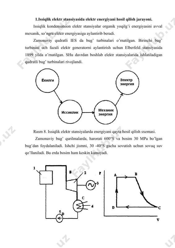 bo’yicha ishlaydigan bug’ qozoni-1, turbina-2, elektr generator-3, kondensator-4 va nasos-5 dan nborat. stansiyaning asosiy qismlaridan biri - bug’ qozonining ishini ko’rib chiqamiz. bug’ qozoni stansiya ehtiyoji uchun bug’ ishlab chiqaradi. zamonaviy bug’ qozoni katta o’lchamli qurilmalardan iborat. bug’ qozoni o’txonasida changsimon holatga keltirilgan ko’mir, gaz yoki neft 1500-2000°s haroratda purkaladi. yoqilg’ini to’laligicha yonishi uchun shamolparrak yordamida katta miqdorda qizdirilgan havo beriladi. yoqilg’i yonish jarayonida hosil bo’lgan issiqlik suvni bug’ holatigacha, kerakli harorat va bosimgacha oshirib qizdiriladi. ishlatilgan issiq gazlar tozalanib mo’riga uzatiladi va atrof muhitga chiqarilib yuboriladi. bug’ qozonga uzatiladigan suv qo’shimchalardan tozalanadi, ularning miqdori ichimlik suvidagi miqdordan kam bo’lishi kerak. konstruktiv jihatdan bug’ qozonlari barabanli va to’g’ri oqimli bo’ladi. 2.bug’ qozonlari va ularning turlari. barabanli bug’ qozonlari barabanli bug’ qozonlarda temirli baraban 3 mavjud, uning pastki qismida suv va yuqori qismida bug’ joylashadi. aylanish quvurlaridan 2 suv, o’txona 7 devorlarini egallagan ekran quvirlariga 1 o’tadi. ekran quvurlari, bug’ni katta …