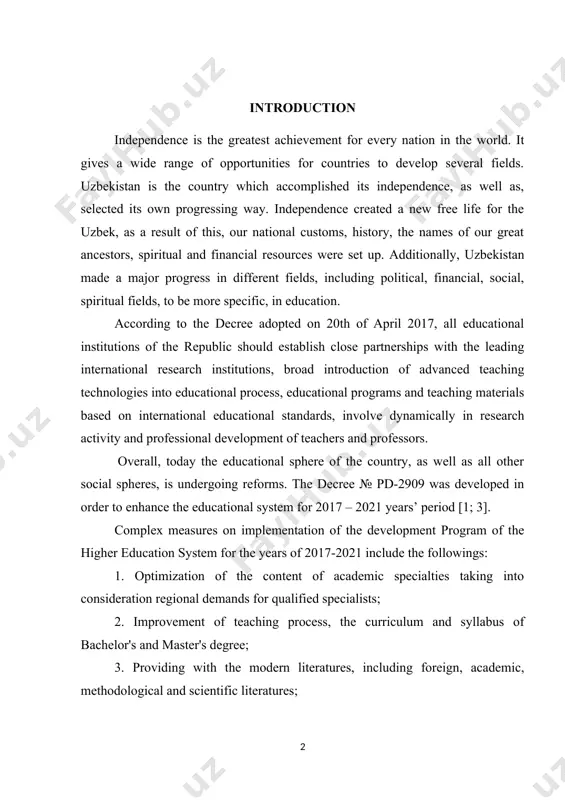 nal demands for qualified specialists; 2. improvement of teaching process, the curriculum and syllabus of bachelor's and master's degree; 3. providing with the modern literatures, including foreign, academic, methodological and scientific literatures; 4. improvement of the process of continuous professional development and retraining of teachers and researchers, as well as in foreign educational establishments; 5. development of the efficiency, outcomes and quality of scientific research activities; 6. improvement of the content of spiritual enlightenment and educational issues; 7. strengthening the economic and technical resources of higher education institutions; 8. modernization of existing as well as creating modern teaching and scientific laboratories; 9. providing the teaching process with modern information and communication technologies [2]. according to the program, during the years of 2017-2021 construction, reconstruction and major repairs of 180 educational and scientific laboratories, sports facilities and units of social engineering infrastructures belonging to 48 higher educational institutions will be carried …