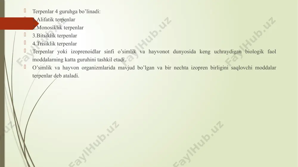 ari (zvеnоlari) dan tuzilgan: image1.emf image2.emf image3.emf image4.png image5.png image6.png image7.png image8.png image9.png image10.png image11.png image12.emf image13.emf image14.png image15.png image16.png image17.png c=c-c=c c ch 3 ch 2 mirsen- xmel moyi tarkibida uchraydi ch 3 ch 3 geraniol - atirgul moyi tarkibida uchraydi ch 2 =ch-c-ch 2 -ch 2 -ch=c-ch 3 ch 3 -c=ch-ch 2 -ch 2 -c=ch-ch 2 -oh ch 3 ch 3 oh linalool - marvaridgul tarkibida uchraydi ch 3 ch 3 o h stiral- evkalipt moyi tarkibida uchraydi ch 3 -c=ch-ch 2 -ch 2 -c-ch=ch 2 ch 3 -c=ch-ch 2 -ch 2 -c=ch-c h 3 c ch 3 ch=ch-c(ch 3 )=ch-ch=ch-c(ch 3 )=ch-ch 2 oh ch 3 retinol (vitamin a) h 3 c ch 3 r ch 3 ch 3 ch 3 ch 3 ch 3 h 3 c h 3 c ch 3  - karotin h 3 c h 3 c ch 3 - karotin h …