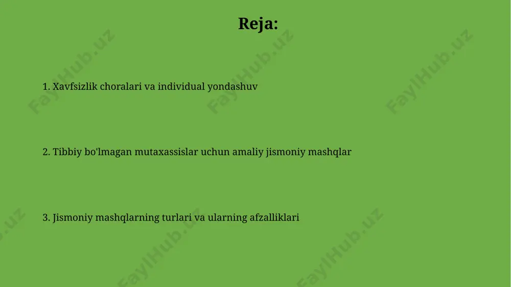 jozlarning progressiyasi va natijalarini kuzatib boring, har 4 haftadan keyin dasturni 10-15% ga o'zgartiring, ularning maqsadlariga erishishiga yordam bering. yutuqlarni kuzatish va natijalarni tahlil qilish treningdan keyingi mushak og'rig'ini (doms) kuzatish va uning intensivligi, davomiyligi bilan bog'liq ma'lumotlarni yozib borish, jismoniy yuklamani optimal darajada saqlashga yordam beradi. natijalarni tahlil qilishda foydalanuvchilarning yoshi, jinsi va boshlang'ich jismoniy tayyorgarlik darajasini hisobga olish, individual yondashuvni ta'minlash uchun muhim. to'g'ri pozani saqlash to'g'ri posturaning 30 daraja egilish burchagi bo'g'imlarga ortiqcha yuk tushishining oldini oladi, shu bilan umurtqa pog'onasining sog'lomligini saqlashga yordam beradi. kundalik mashg'ulotlarda 15-20 minut vaqt ajratib, to'g'ri pozani saqlashga odatlanish, mushaklarning kuchini oshirish va umurtqa pog'onasini mustahkamlashga yordam beradi. moslashuvchanlik va egiluvchanlik mashqlari to'g'ri nafas olish texnikasini qo'llash bilan birga, 30 sekund davomida har bir choʻzish holatini ushlab turish, mushaklarning kuchlanishini kamaytiradi va egiluvchanlikni oshiradi. moslashuvchanlikni oshirish uchun har kuni kamida 10-15 daqiqa davomida statik choʻzish mashqlarini, masalan, oldinga egilish yoki yon …