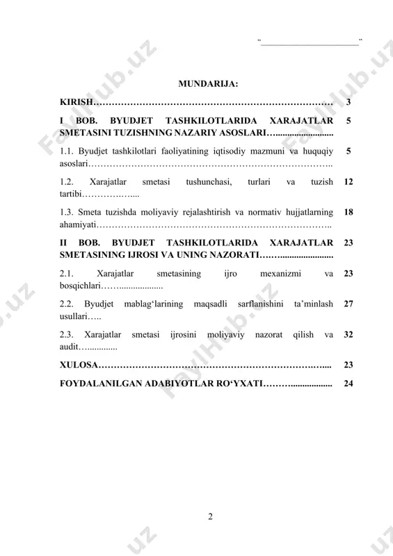 tiriladigan muassasalar bo‘lib, ularning moliyaviy faoliyati xarajatlar smetasi asosida amalga oshiriladi. xarajatlar smetasi – bu muayyan davr uchun tashkilotning asosiy moliyaviy hujjati bo‘lib, unda rejalashtirilgan xarajatlar turlari va miqdorlari aniqlab beriladi. mazkur hujjat tashkilot tomonidan belgilangan vazifalarni bajarish uchun zarur bo‘lgan moliyaviy resurslar taqsimotining asosiy vositasi sifatida xizmat qiladi. kurs ishining dolzarbligi - bozor munosabatlari chuqurlashib borayotgan hozirgi sharoitda davlat moliya tizimining samarali faoliyat yuritishi mamlakatning ijtimoiy-iqtisodiy barqarorligiga bevosita ta’sir ko‘rsatmoqda. ayniqsa, byudjet mablag‘laridan oqilona va maqsadli foydalanish, davlat xarajatlarini rejalashtirish va nazorat qilish tizimining takomillashtirilishi bugungi kunning eng dolzarb masalalaridan biri hisoblanadi. byudjet tashkilotlarining faoliyati doirasida xarajatlar smetasi eng muhim moliyaviy hujjatlardan biri bo‘lib, uning asosli tuzilishi va to‘g‘ri ijrosi davlat mablag‘larining samarali sarflanishini ta’minlaydi. smetaning noto‘g‘ri shakllantirilishi yoki uning ijrosi ustidan yetarli nazoratning bo‘lmasligi davlat byudjetiga sezilarli moliyaviy zarar yetkazishi mumkin. shu bois, byudjet tashkilotlarida xarajatlar smetasini tuzish va uning ijrosini nazorat qilish amaliyotini chuqur o‘rganish nafaqat nazariy, …