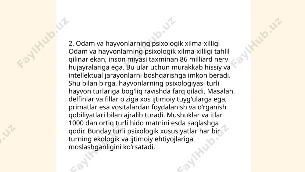 ajriba va muhit asosida shakllanadi. ivan pavlovning itlar ustidagi tajribasi klassik shartlanish jarayonini ko‘rsatib beradigan misol bo‘lib, bunda itlar ovqat bilan bog‘liq qo‘ng‘iroq ovoziga refleks ishlab chiqargan. bu jarayonlar organizmning moslashuvchanligini oshiradi. qiyosiy psixologiya hakimova dildora e'tiboringiz uchun raxmat! image1.png image2.png image3.png image4.png image5.jpg image6.png image7.jpg /docprops/thumbnail.jpeg