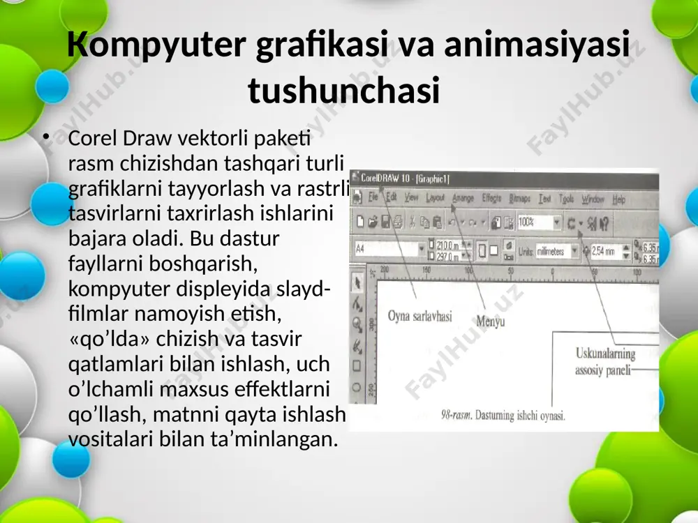 eruvchi imkoniyatlardan foydalanish mumkin. buning uchun menyudan bitmaps/3d effects (rastrrli tasvirlarda uch o'lchovli o'zgartirishlar) buyrug'i tanlanadi. corel draw x4. foydalanilgan adabiyotlar ro`yxati s.i. raxmonqulova «ibm pc shaxsiy kompyutеrlarida ishlash». t.: nmk «sharq-instar» 1996 ливингестон б. “eшё о секретах windows» 1995 axmеdov, n. toyloqov . «informatika». t. «o`zbеkiston». 2001 y. sattarov, b. kurbonboеv «informatika va hisoblash tеxnikasi asoslari». t.: «o`qituvchi» 1996 asadulina r. kuvasoy «informatika». 2000 y. polvonov f.farg`ona. «informatika». 2002 y holmatov t. «informatika» toshkеnt. 2000 y. www.referatlar.uz web sahifasi image2.jpeg image3.jpeg image4.jpeg image5.jpeg image6.jpeg image7.jpeg image8.jpeg image9.jpeg image10.png image11.png image12.jpeg image13.png image14.png image15.png image16.jpeg image17.jpeg image18.jpeg image19.jpeg image20.jpeg image21.jpeg image22.jpeg image23.png image24.png image1.jpeg /docprops/thumbnail.jpeg