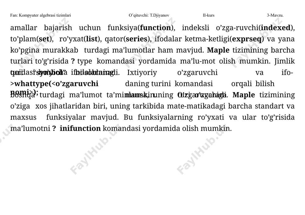 ladi. bu komanda tarkibida trigonometrik, teskari trigonometrik, logarifmik, eksponensial va boshqa elementar funksiyalar qatnashgan algebraik ifodani soddalashtirish uchun mo’ljallangan. komandaning bir necha xil ko’rinishlari mavjud bo’lib, eng sodda ko’rinishi quyidagichadir: simplify( ) komandaning bu ko’rinishi berilgan ifodadagi barcha funksiyalar sinfiga nisbatan soddalashtirish algoritmlarini qo’llaydi. komandaning aynan bir funksiyalar sinfiga nisbatan soddalashtrish variantlari: simplify/sqrt, simplify/exp, simplify/ln, simplify/trig, simplify/radical, simplify/power va h.k. lar to’g’risida ma’lumot olish uchun kerakli variantni yozib, kursorni uning ostiga keltirib, f1 tugmani bosish kerak. komandani aynan biror soddalashtirish algoritmiga nisbatan qo’llash uchun simplify( , n1, n2, ... ) ko’rinishda ishlatish kerak. bunda n1, n2, ... soddalashtirish proseduralari: ei, gamma, rootof, @, hypergeoxn, ln, polar, power, fan: kompyuter algebrasi tizimlari o’qituvchi: t.djiyanov ii-kurs 3-mavzu. radical, sqrt, trig nomlaridan iborat bo’lishi mumkin. soddalashtirish proseduralari to’g’risida ma’lumotga ega bo’lishi uchun ? sim-plify[ ] komandasini yozish kerak. bunda soddalashtirish prosedurasining nomi. ifodani soddalashtirish jarayonida, o’zgaruvchilarning turini yoki aniqlanish sohasini ko’rsatish mumkin. buning …