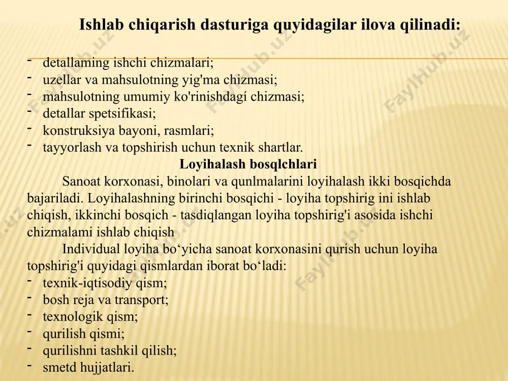 lashga ketgan vaqtlardan kelib chiqadi. ishchilaming yiilik ishlash samarali vaqt fondi korxona qurish uchun joy tanlash sanoat korxonasini qurish uchun hudud tanlash belgilangan texnik-iqtisodiy asoslar bo'yicha amalga oshiriladi. tanlangan hududda korxona uchun maydon tanlab asoslanadi. tanlangan hududda korxona qurish uchun maydon tanlanadi. maydon tanlashda quyidagilarga amal qilish kerak: korxona binolari va qurilmalarini qulay sharoitda joylashtirishni ta’minlay oladigan darajada maydonning yetarli miqdordagi o ‘lchami va konfiguratsiyasi, korxonani kelgusida kengaytirish masalasiga; energiya bazalarining yaqin joylashganiga, agar hududda elektrostansiyasi mavjud bo’lsa, u holda maydon imkoniyatini yanada oshiradi; suv bilan ta’minlanganligiga, kanalizatsiya magistrallari, oqova suvlari, to'kish joylarining mavjudligi; maydon gruntining qoniqarli xususiyatiga, shuni hisobga oiish kerakki gruntning yomon holati qurilishning qimmatlashishiga olib keladi; maydon va atrofdagi joyning qulay relefiga, bunda maydonni tekislash ishlariga kam mehnat sarflanadi; maydon hududiga temir yo‘l, relssiz transport yoilarini keltirish imkoniyatiga; daryo suvining ko'tarilishi natijasida maydonning suv ostida qolish xavfining va yerosti suvlarining yo'qligiga; maydonning qomqarli sanitar-gigienik holatiga (atrofida botqoq, …