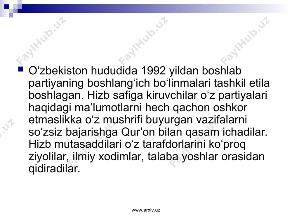 ro‘sizlantirishga yo‘naltirilgan sa’y-harakatlarni amalga oshirmoqdalar. www.arxiv.uz www.arxiv.uz prezidentimiz ta’kidlaganidek, «eng avvalo, jamiyat, guruh, alohida shaxs ma’naviy hayotining muayyan sohasi bo‘lgan din umuminsoniy axloq meyorlarini o‘ziga singdirib olgan, ularni jonlantirgan, hamma uchun majburiy xulq-atvor qoidalariga aylantirgan. www.arxiv.uz www.arxiv.uz binobarin din odamlarda ishonch hissini mustahkamlagan. ularni poklab, yuksaltirgan. hayot sinovlari, muammo va qiyinchiliklarni engib o‘tishlarida kuch bag‘ishlagan. umuminsoniy va ma’naviy qadriyatlarni saqlab qolish hamda avloddan avlodga etkazishga yordamga kelgan. dinning yuksak rolini e’tirof etish bilan birga diniy dunyoqarash tafakkurning, insonning o‘zini o‘rab turgan dunyoga o‘zi kabi odamlarga munosabatining yagona usuli bo‘lmaganligini ham ta’kidlash mumkin. dunyoviy fikr, dunyoviy turmush tarzi ham u bilan yonma-yon, u bilan teng yashash huquqiga ega bo‘lgan holda rivojlanib kelgan». www.arxiv.uz www.arxiv.uz keyingi yillarda yurtimizda milliy va diniy qadriyatlarning tiklanishiga katta e’tibor berilib, bu narsa hukumatimizning ustuvor siyosatiga aylandi. ko‘plab diniy bayramlarga ommaviy tus berildi, televidenie va matbuot tomonidan diniy masalalar tez-tez yoritila boshlandi. fuqarolar o‘rtasida diniy ilm va …