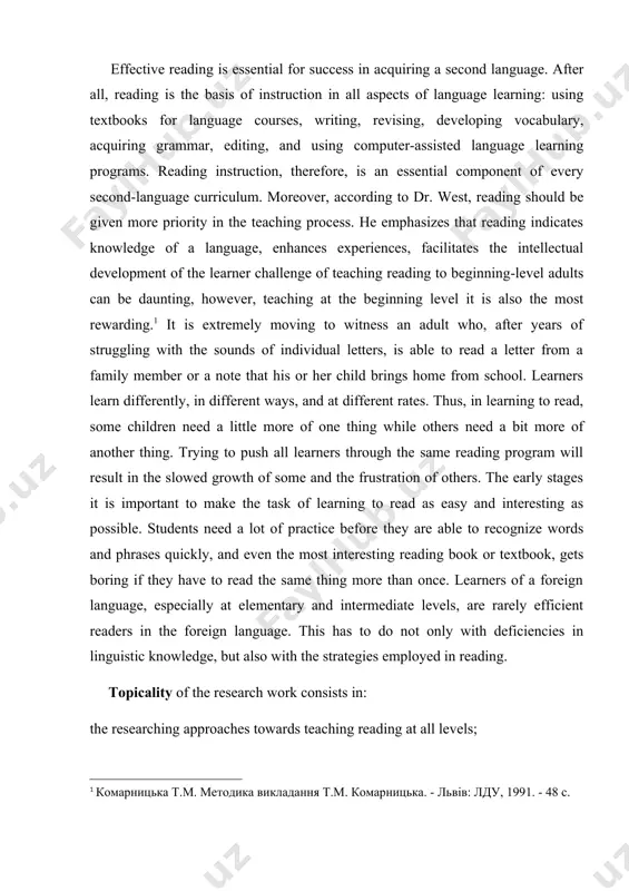 ave to read the same thing more than once. learners of a foreign language, especially at elementary and intermediate levels, are rarely efficient readers in the foreign language. this has to do not only with deficiencies in linguistic knowledge, but also with the strategies employed in reading. [2: комарницька т.м. методика викладання т.м. комарницька. - львів: лду, 1991. - 48 с. ] topicality of the research work consists in: the researching approaches towards teaching reading at all levels; establishing a new critical view at the methods of teaching reading; discussing reading skills from the perspective of elementary level; figuring out ways of proper error correction strategies; the subject of this research paper is shaped around the approaches towards teaching speaking to learners. developing reading skills and methods of teaching reading form the object of the present work.purpose of the work is to conduct the overview of the main teaching methods …