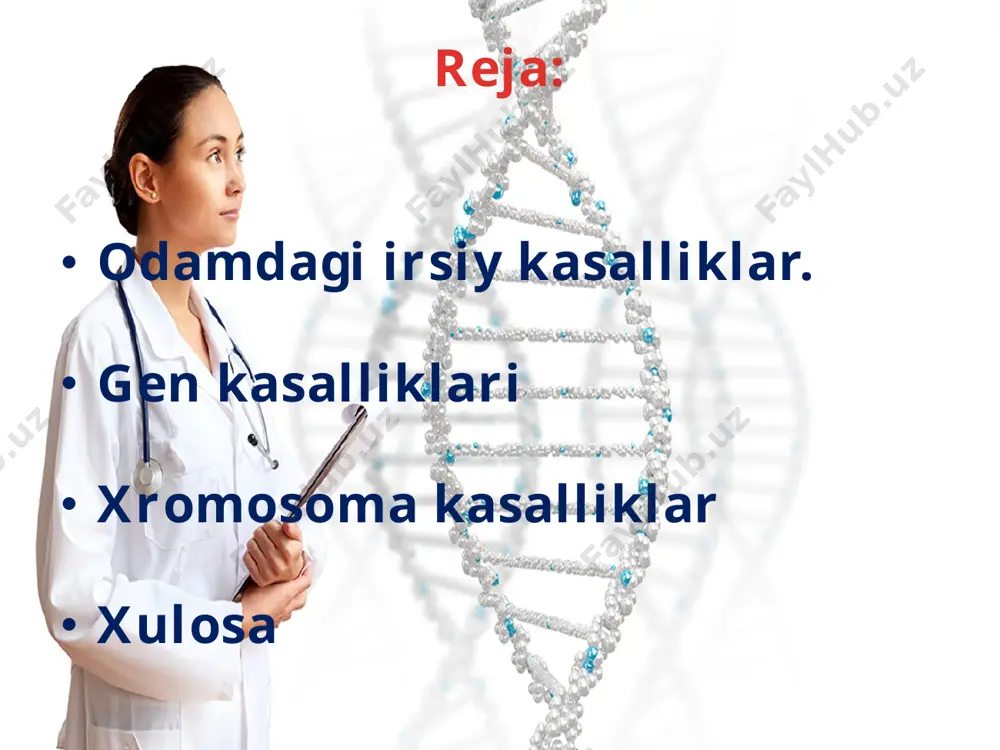 hi bilan bog’liq. daun sindromi daun sindromi erkaklarda ham ayollarda ham uchraydi. bu kasallikning kelib chiqishiga asosiy sabab 21-juft xromosomaning bittaga oshib kctishi natijasida diploid to’plam 47 ta bo’lib qolishidir bu kasallikning asosiy belgisi, bemorning boshi nomutanosib kichik, yuzi keng, ko’zlari kichik va bir-biriga yaqin joylashgan bo’ladi. og’zi yarim ochiq, aqliy zaif, odatda bepusht, uzoq yashamaydi bunday kasallarda yurak va yirik qon tomirlar porogi ko’p uchraydi. klaynfelter sindromi klaynfelter sindromi kasaliga uchragan bemorlarda jinsiy xromosomalar xxy, xxxy bo’lishi mumkin. bu kasalga chalingan odamlarning odatda qo’1-oyoqlari uzun, elka chanoqqa nisbatan tor, skelet tuzilishi ayollar skektiga o’xshash bo’ladi, bunday kasallik faqat erkaklarda uchraydi. bu kasallikning xxy, xxxy holati o’rtacha 500 ta boladan bittasida uchraydi. shershevskiy-terner sindromi shershevskiy-terner sindromi ayollarda ucliraydi. bunday kasalga chalingan ayollarda jinsiy xromosoma soni bittaga kamayib, xo bo’lib qoladi natijada bunday kasallarda diploid to’plamdagi xromosomalar soni 45 ta bo’ladi bunday ayollarning bo’yi juda past bo’ladi. ularda tuxumdon rivojlanmagan, ikkilamchi …