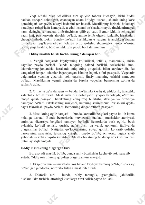 i va birinchi galda jinsiy bezlarga zarar qiladi, mijoz susayib, jinsiy zaiflik paydo boʻladi. ayollar ichkilik taʼsirida tez soʻlib qoladi, pushti susayib, homiladorlik vaqtida har xil asoratlar koʻproq uchraydi. mudom ichib yurish kishining barvaqt qarib, nogiron boʻlib qolishiga olib keladi. alkogolizmning oldini olish. alkogolizm belgilari paydo boʻlganda, ichkilikbozni narkologiya shifoxonalariga yotqizib, uzoq vaqt davomida narkolog vrach kuzatuvida muntazam davolanishni tashkil qilish kerak. surunkali alkogolizmning rivojlanishi bilan qaram odamda salbiy fazilatlar kuchayadi, u xudbin, qattiqqoʻl va boshqalarga toqat qilmay qoladi. u oʻz nuqtai nazarini har qanday qarshilikni gʻazab va tajovuz bilan qabul qiladi, shuning uchun uni turmush tarzini oʻzgartirishga harakat qilish juda mushkul. uning uchun hamma narsaning markazida alkogol va u bilan bogʻliq narsalar turadi. asta-sekin, qaram odam oʻz ishiga, oilasiga qiziqishni yoʻqotadi, u yaqinlarining ehtiyojlari haqida qaygʻurishdan toʻxtaydi. vaqt oʻtishi bilan ichkilikka xirs qoʻyish tobora kuchayib, kishi huddi haddan tashqari ochqolgan, chanqagan odam koʻyiga tushadi, shunda uning koʻz qorachiqlari kengayib, …