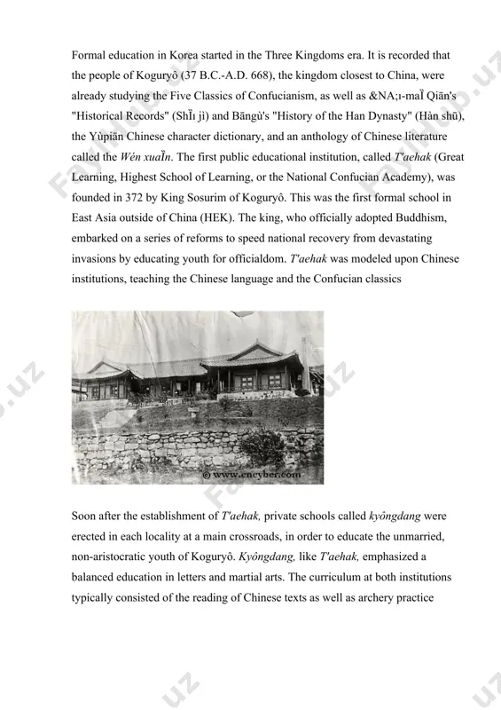paekche, the second to sinicize of the three kingdoms, had a curriculum for the paksa (savant or erudite scholar), a term now used to refer to the holder of a doctorate, which was given to teachers of the chinese classics, as well as philosophy and history. koryô dynasty: the chinese-style civil service examination was first administered in korea in a.d. 958 during the koryô dynasty and served for recruiting government bureaucrats who were much needed to solidify the new dynasty. the dynasty's national school was founded in 930 specifically to train future bureaucrats. a full-scale national school called the kukchagam (national university) was established in 992. this system, although based on the tang model again, was accessible only to aristocrats, who were further distinguished by their family's social rank. programs training lesser bureaucrats enrolled the offspring of lower bureaucrats, while higher level trainees had a curriculum mainly involving confucian classics. …